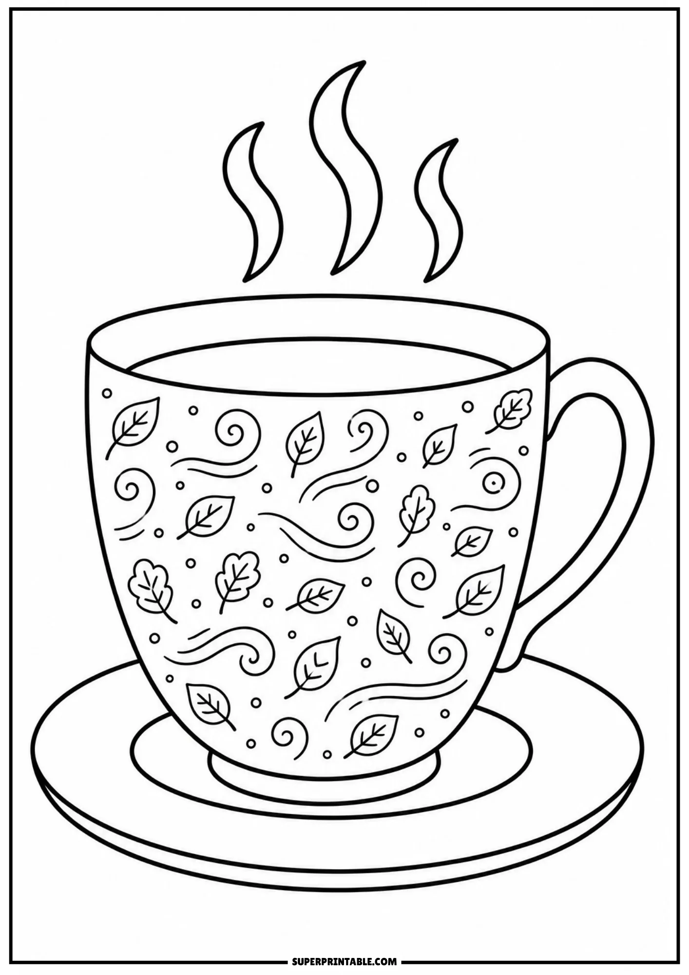 Steaming tea cup on a saucer patterned with swirling autumn leaves, wind spirals, and dots.