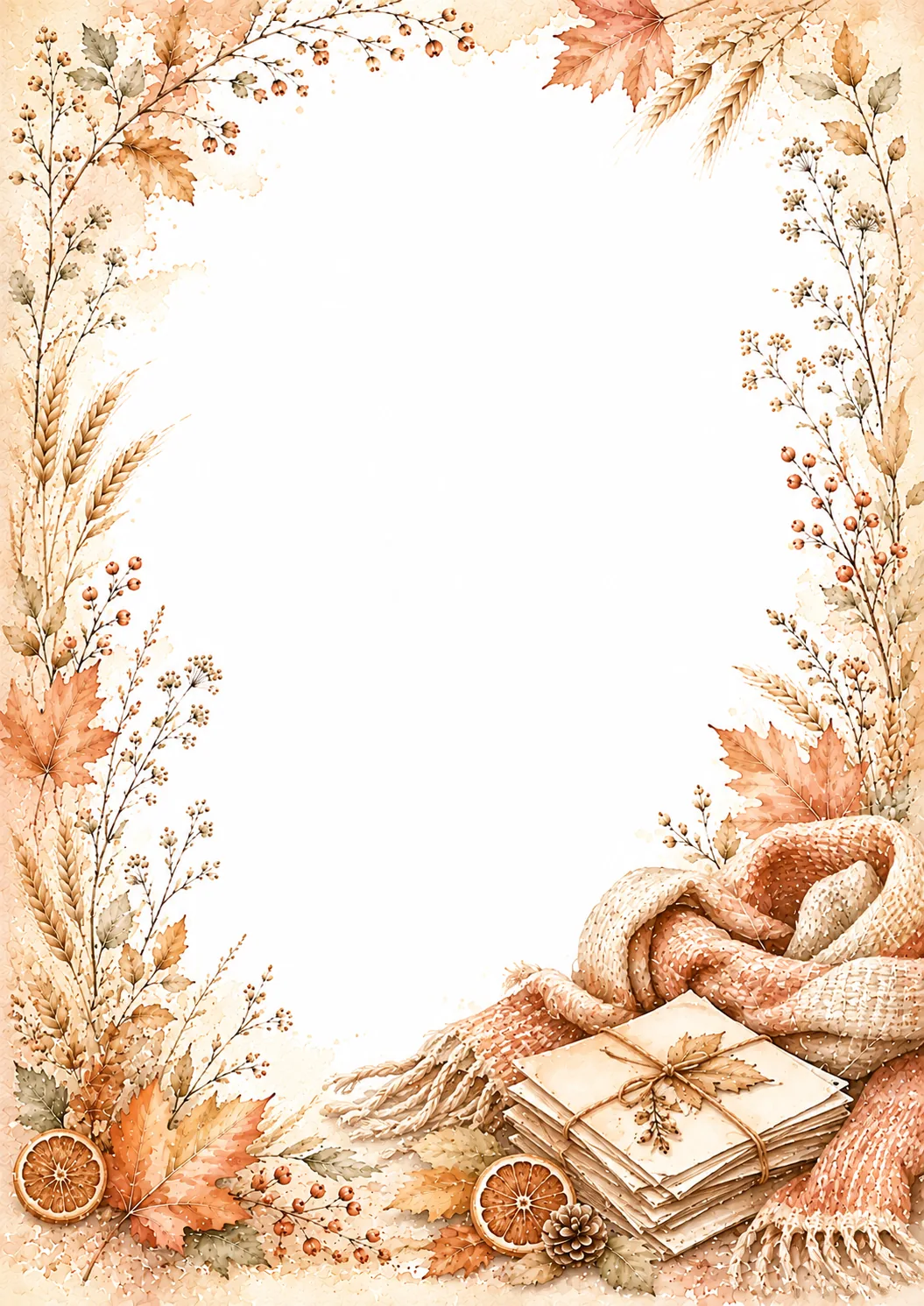 Vintage autumn border with floral teapot, stacked books, acorns, maple leaves, daisies, and herbs