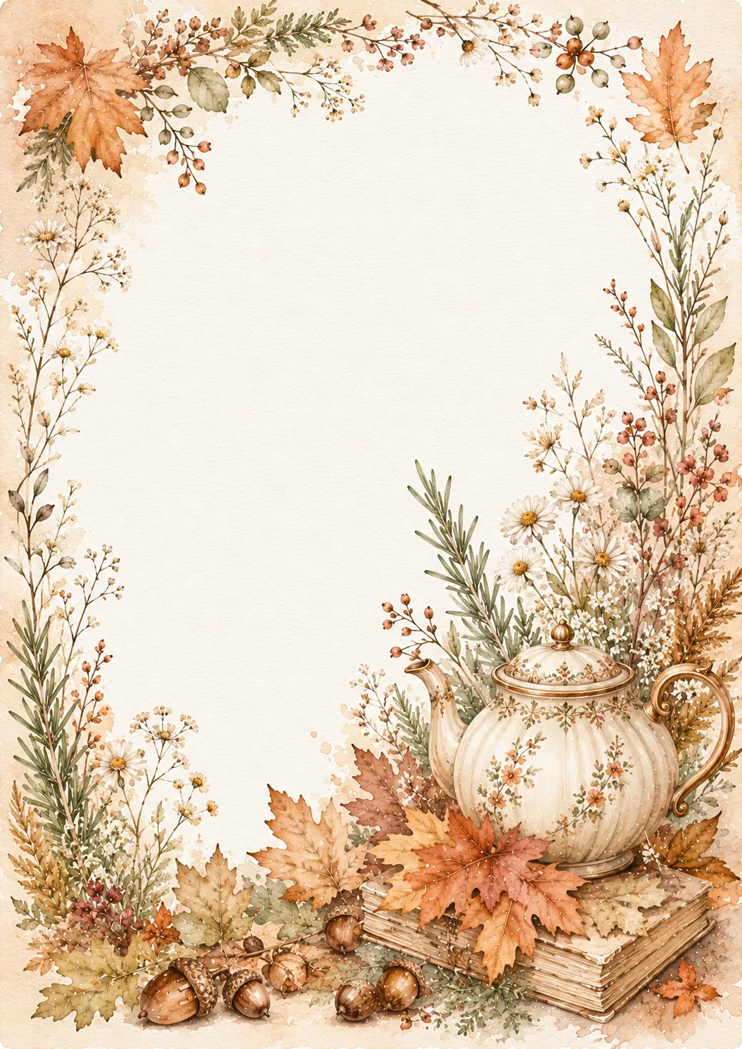 Cozy fall frame with floral teapot, vintage books, acorns, maple leaves, herbs, and wildflowers