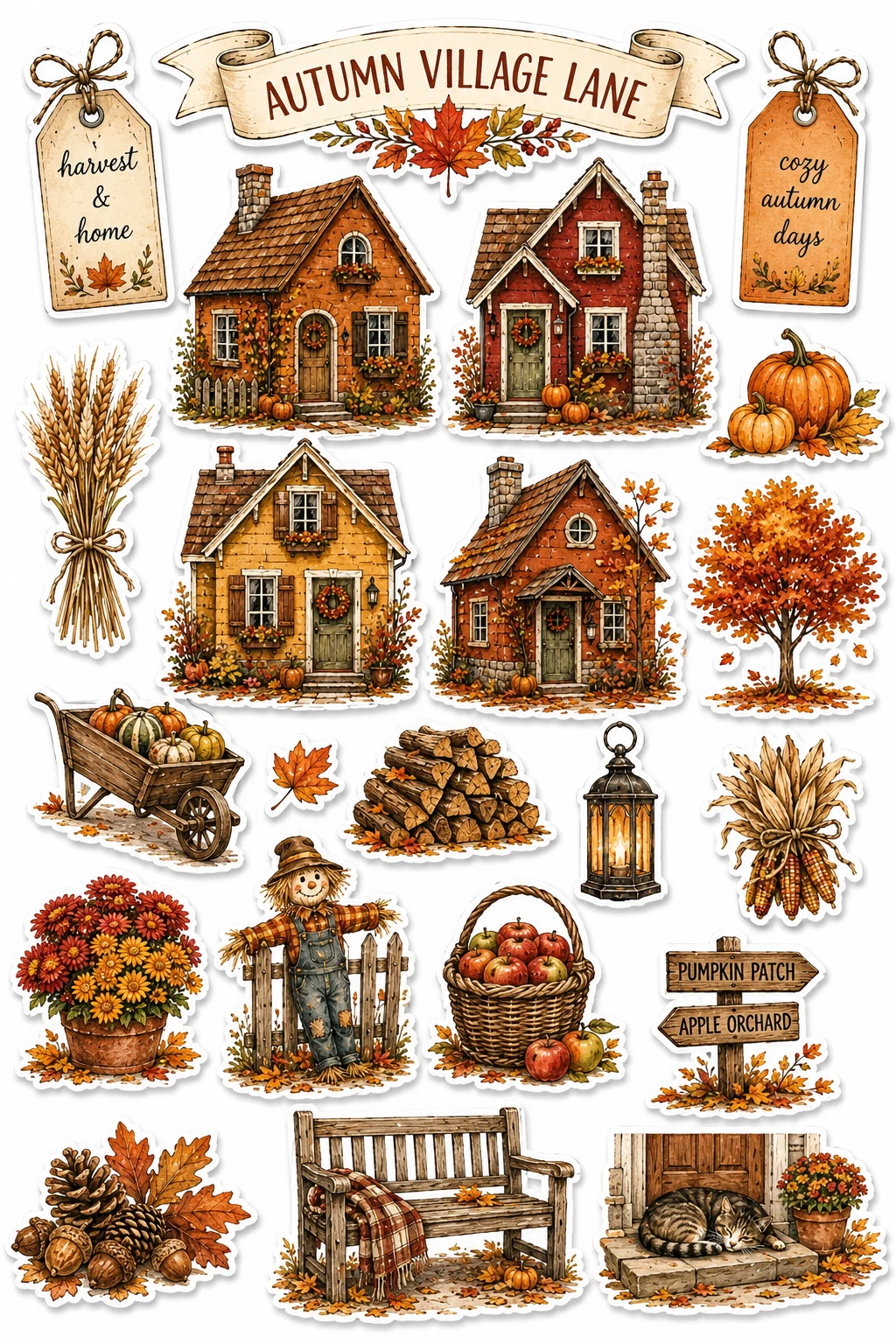Autumn Village Lane Pumpkins Fall House Sheet featuring cottagecore architecture, cozy village houses, seasonal cabins, and countryside farms.