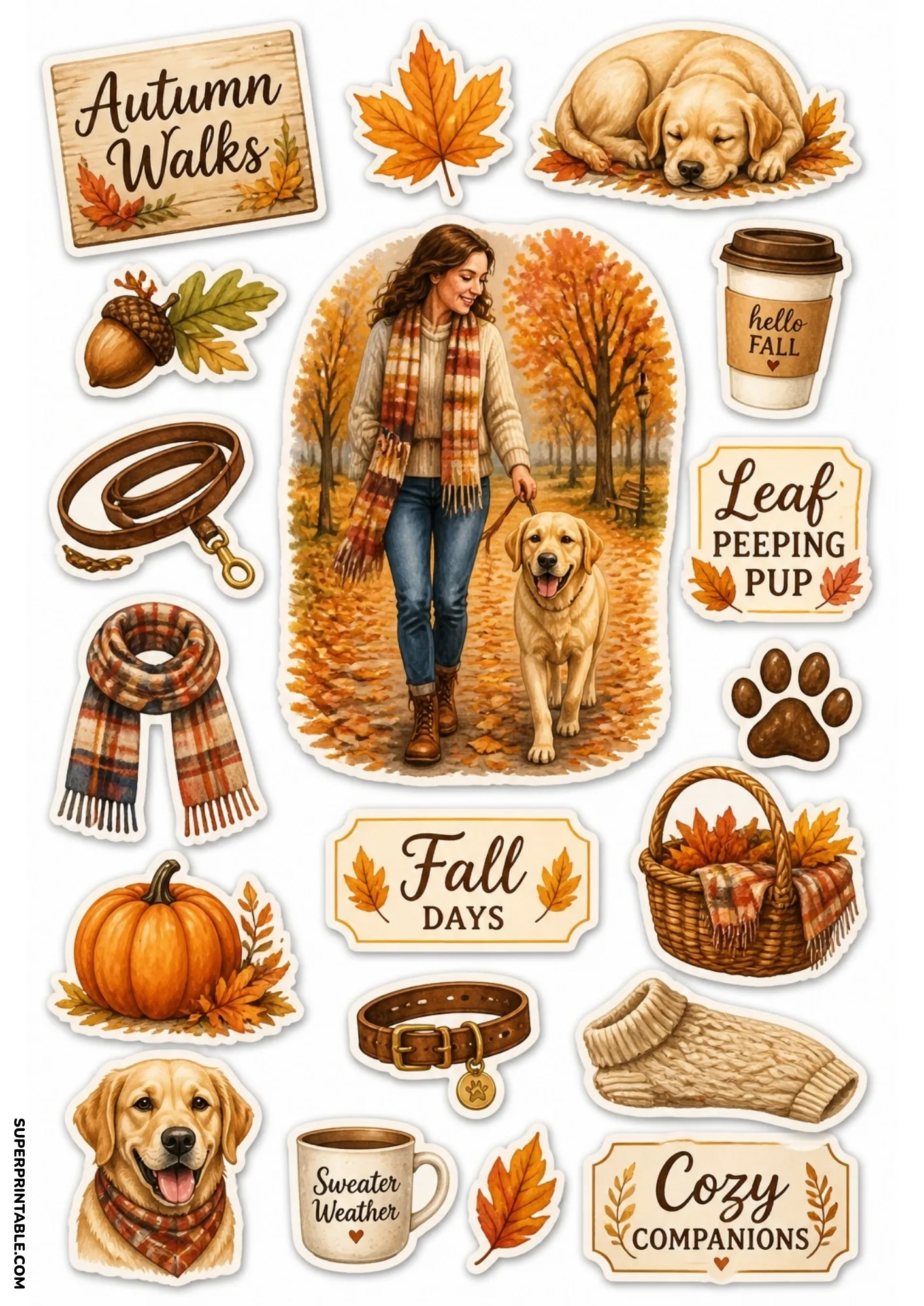 Fall stickers featuring a woman walking her dog down a golden leaf path with pumpkins and coffee.