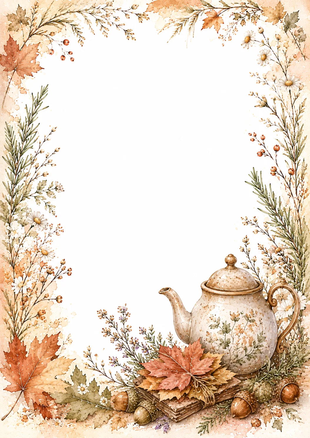 Golden fall border with wheat stalks, orange and olive oak leaves, hanging acorns, and delicate berries