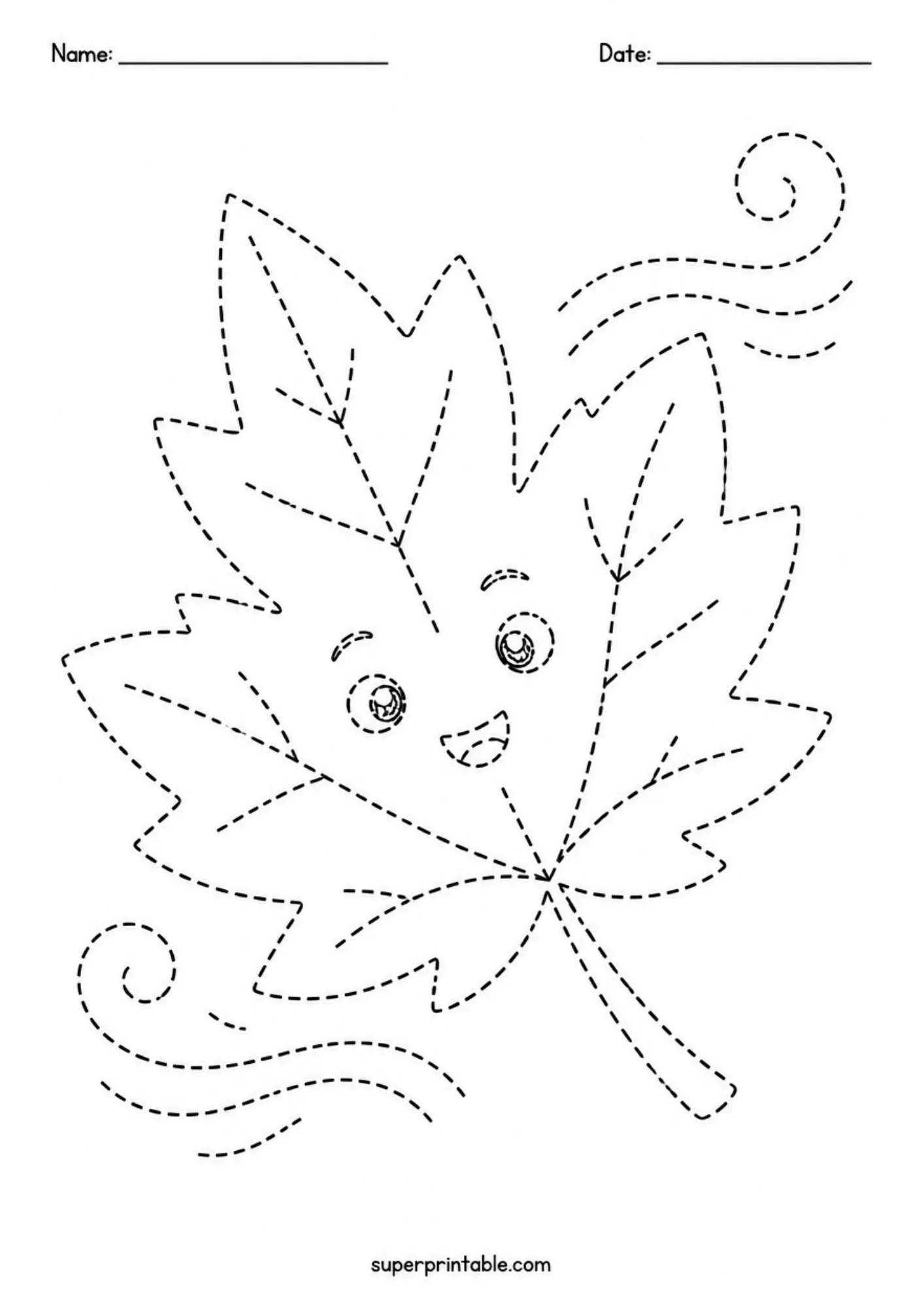 Black and white tracing worksheet showing a smiling autumn leaf blowing in curved dashed wind swirls.