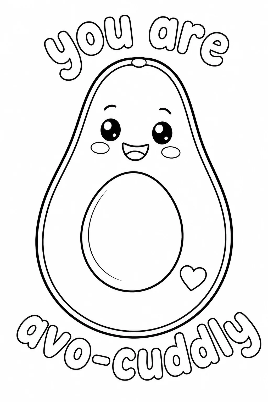 Cute free avocado coloring pages with a heart and avo cuddly.
