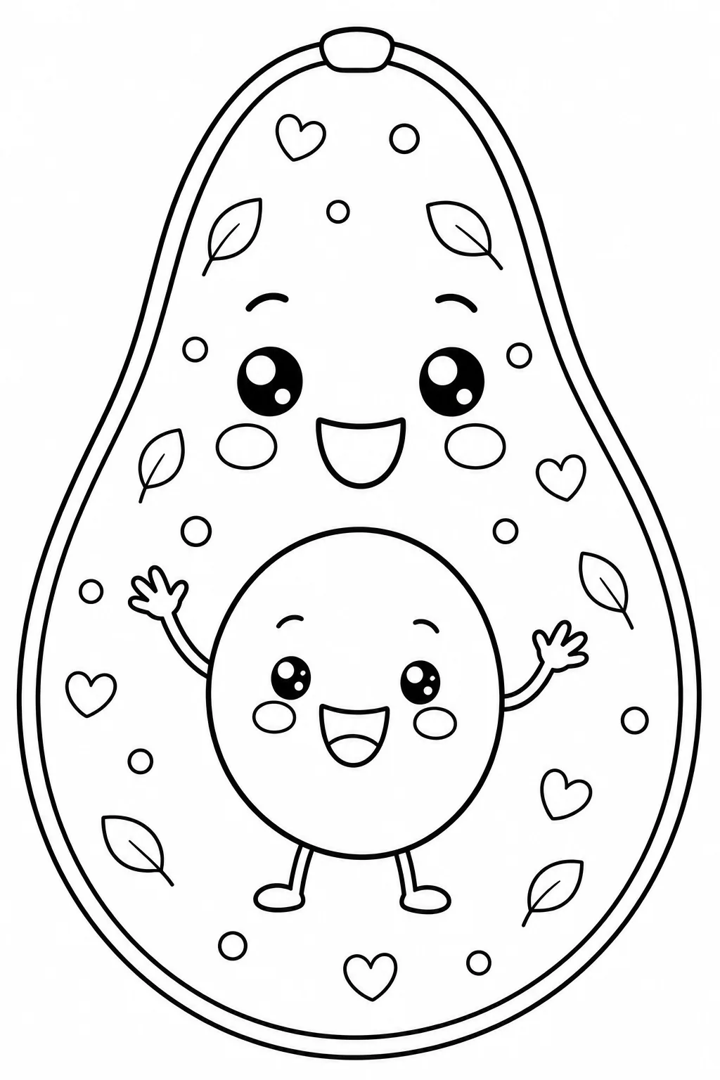 Cute avocado where the pit is a smaller smiling character waving.
