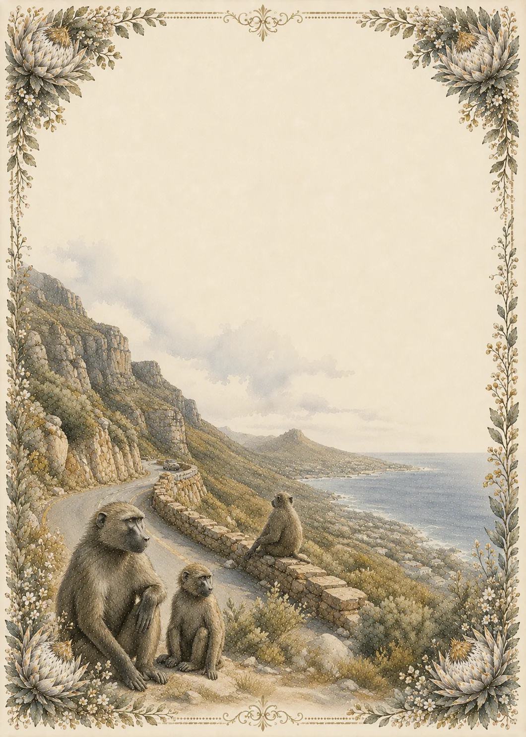Three baboons sitting on a rocky hillside near a coastal road above the ocean bay.