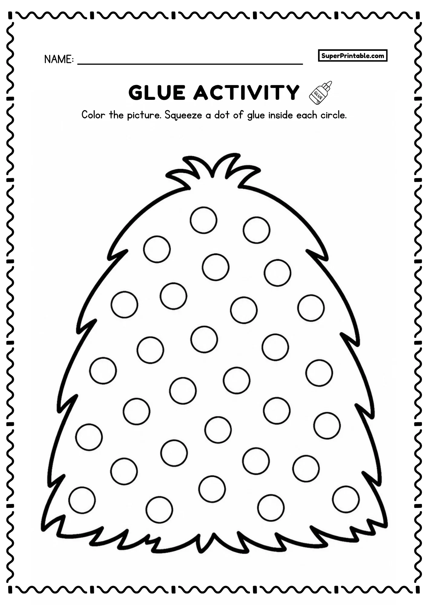 Dot glue farm baby chick worksheet with round fluffy shape and dot circles for toddlers