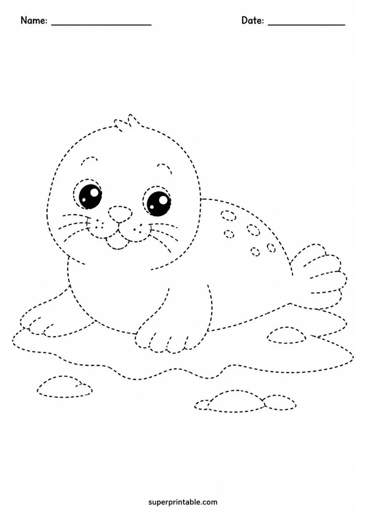Cute baby seal tracing page with dotted outlines designed for preschool fine motor activities.