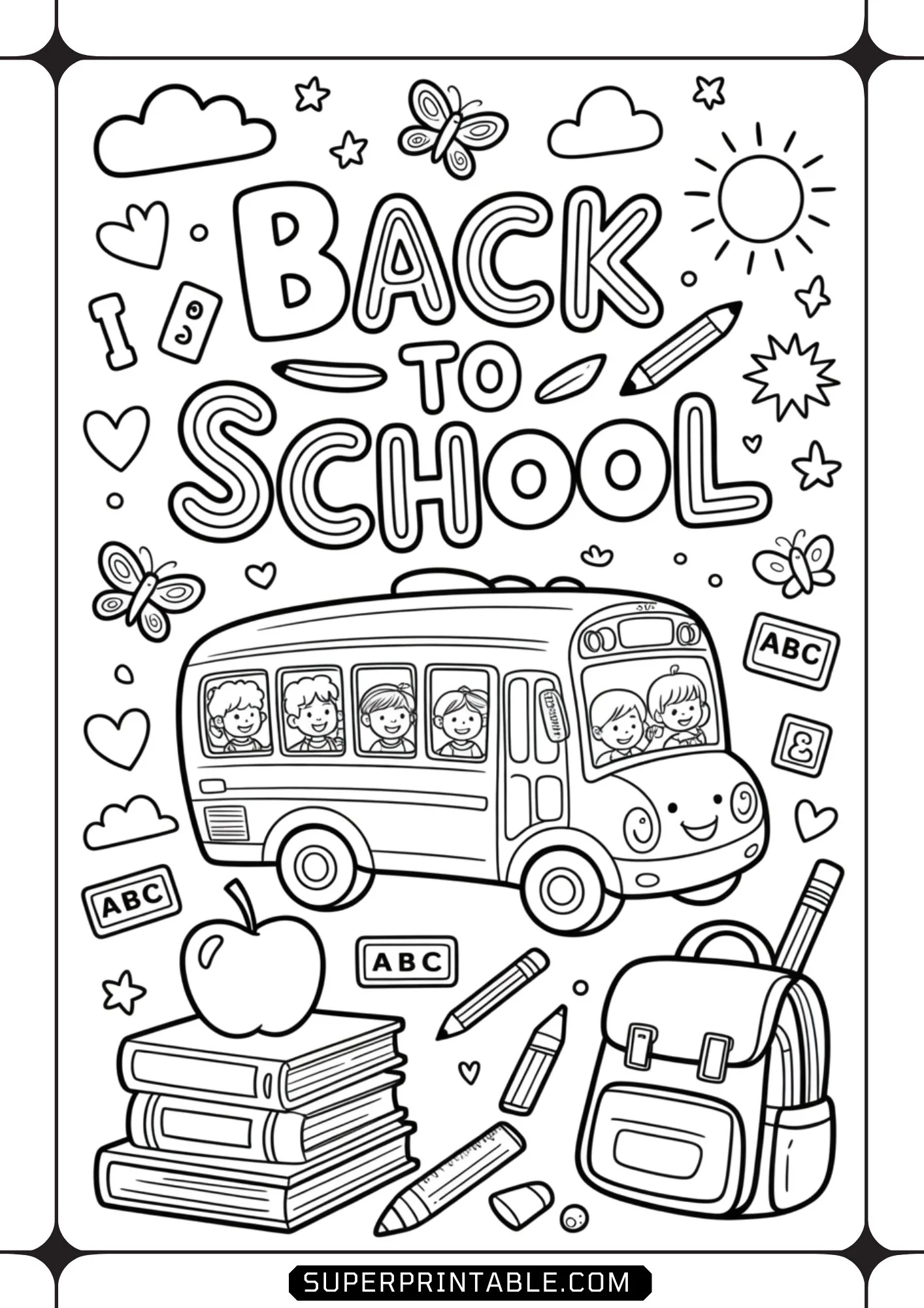 Cute school bus filled with children alongside stacked books, an apple, and a school backpack.