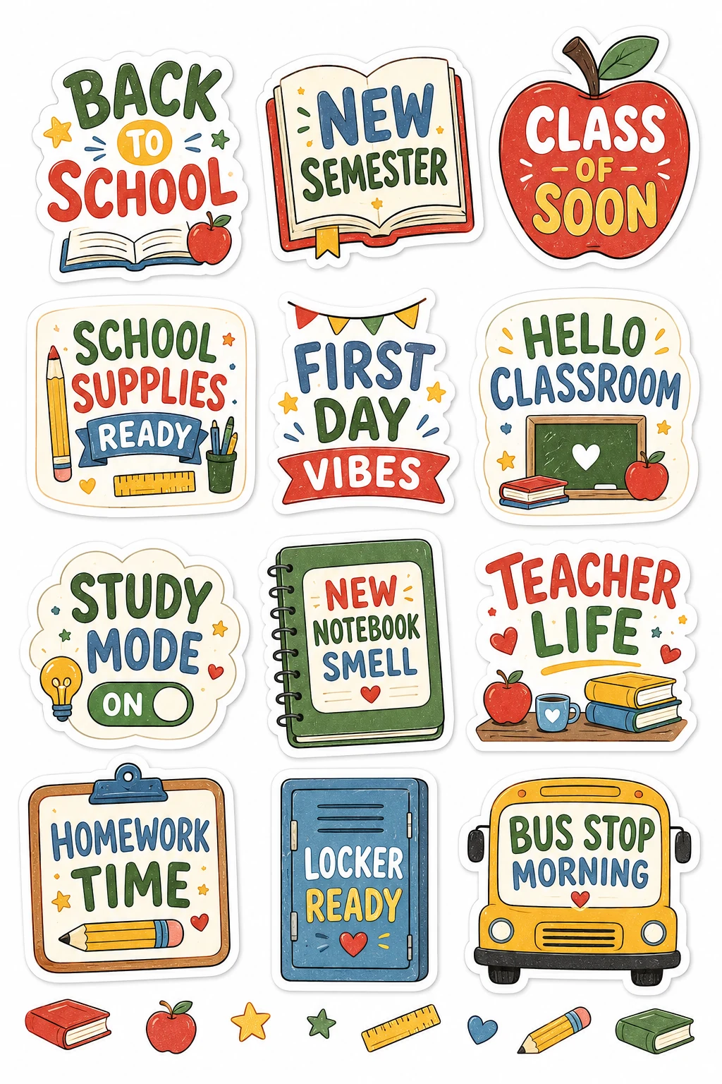 Back to School Classroom Teacher Stickers featuring daily motivation, praise badges, daily affirmations, and school rewards.