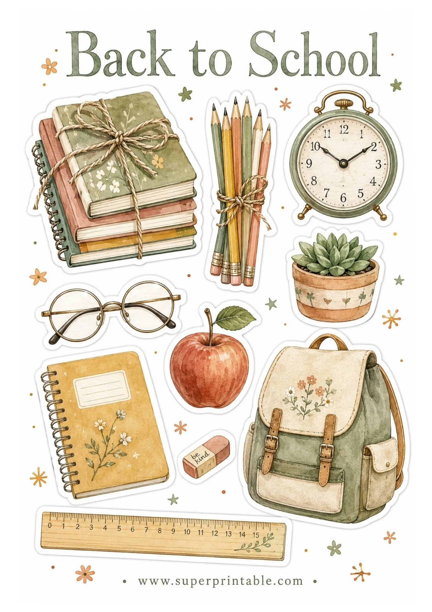 Printable sticker sheet with watercolor back-to-school items including books, pencils, alarm clock, succulent, glasses, apple, notebook, backpack, and ruler.
