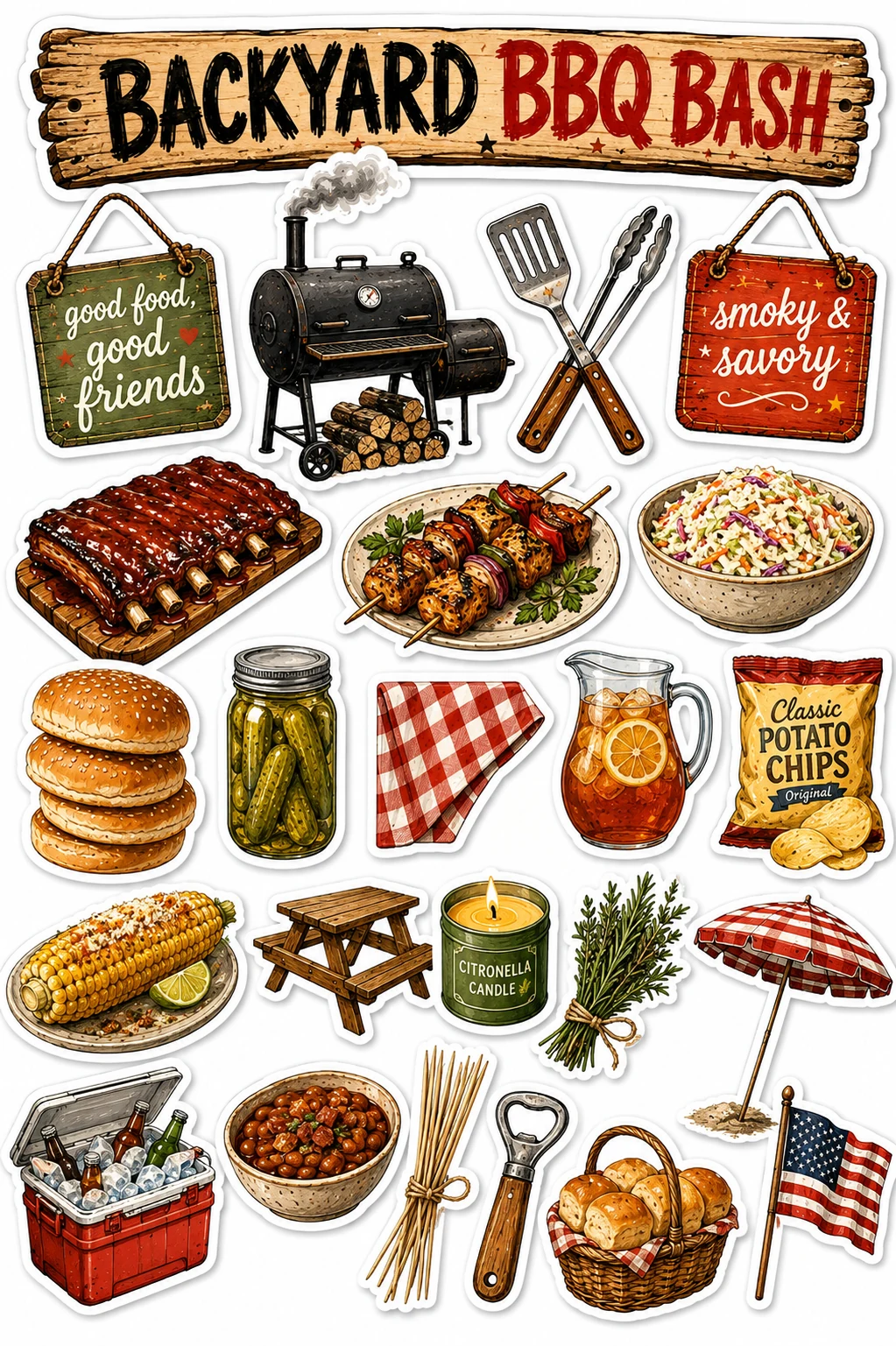 Backyard BBQ Bash Smoker Grill Sheet featuring backyard BBQ, grill master equipment, smoked meats, and summer cookouts.