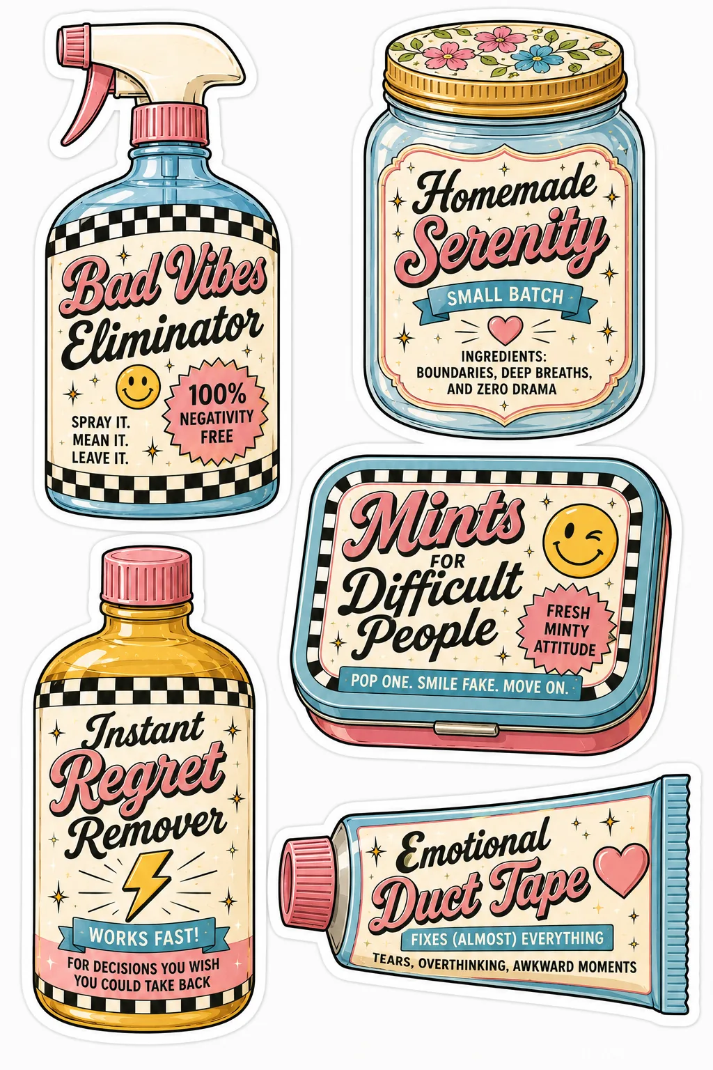 Funny self care stickers with bad vibes spray, serenity jar, regret remover and mint tin.