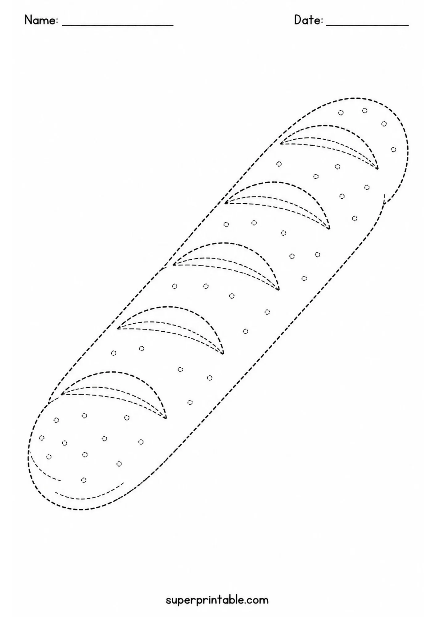 French baguette bread tracing page included in bakery activity worksheets set.
