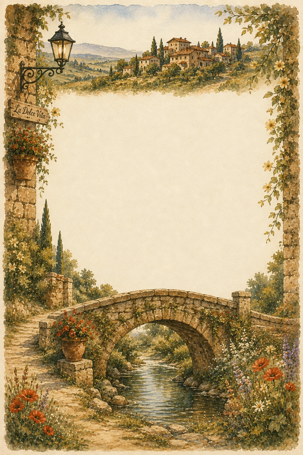 Rustic Italian Stone Bridge over Stream Page Border Sheet