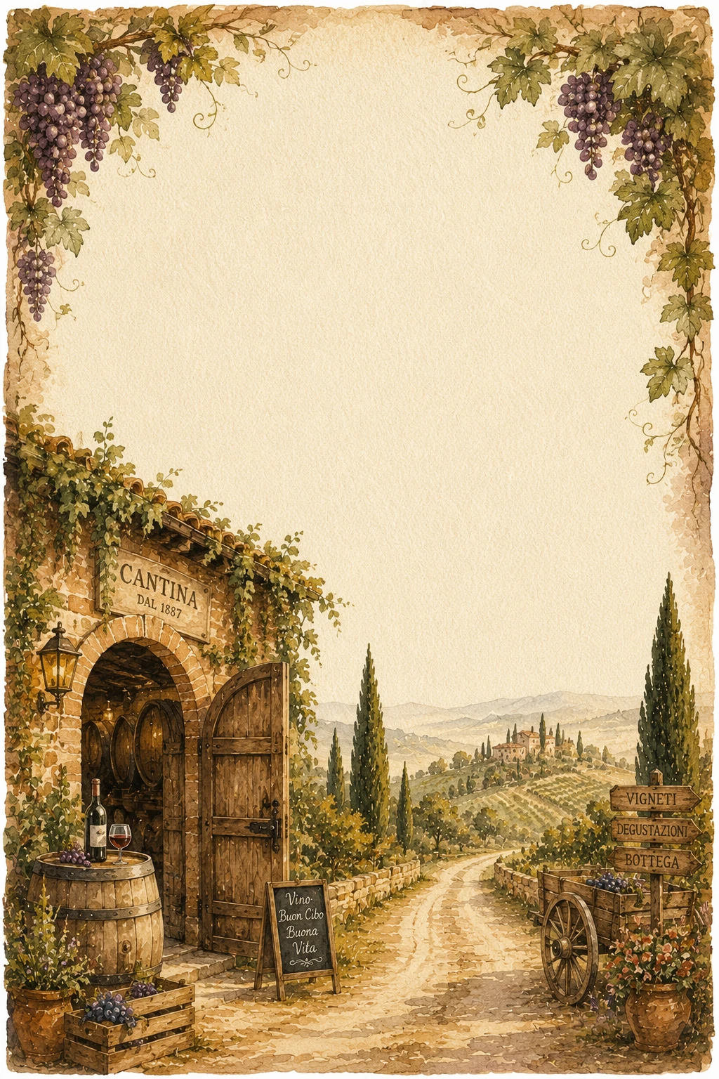 Rustic Italian Winery Entrance and Vineyard Page Border Sheet