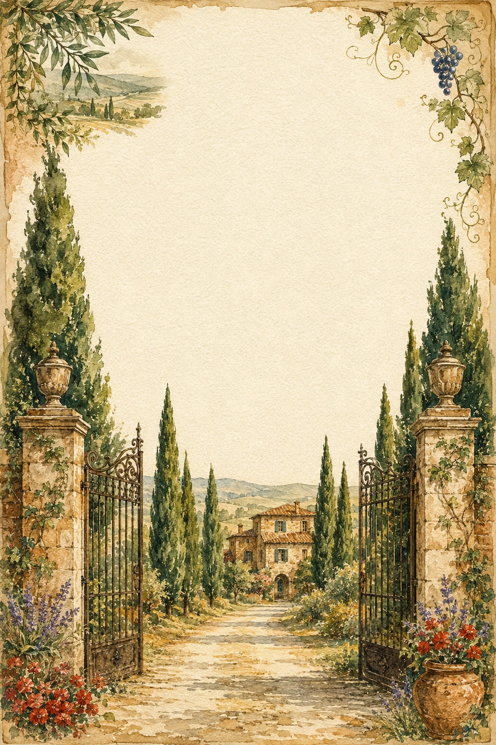 Italian Villa Entrance with Cypress Trees Page Border Sheet