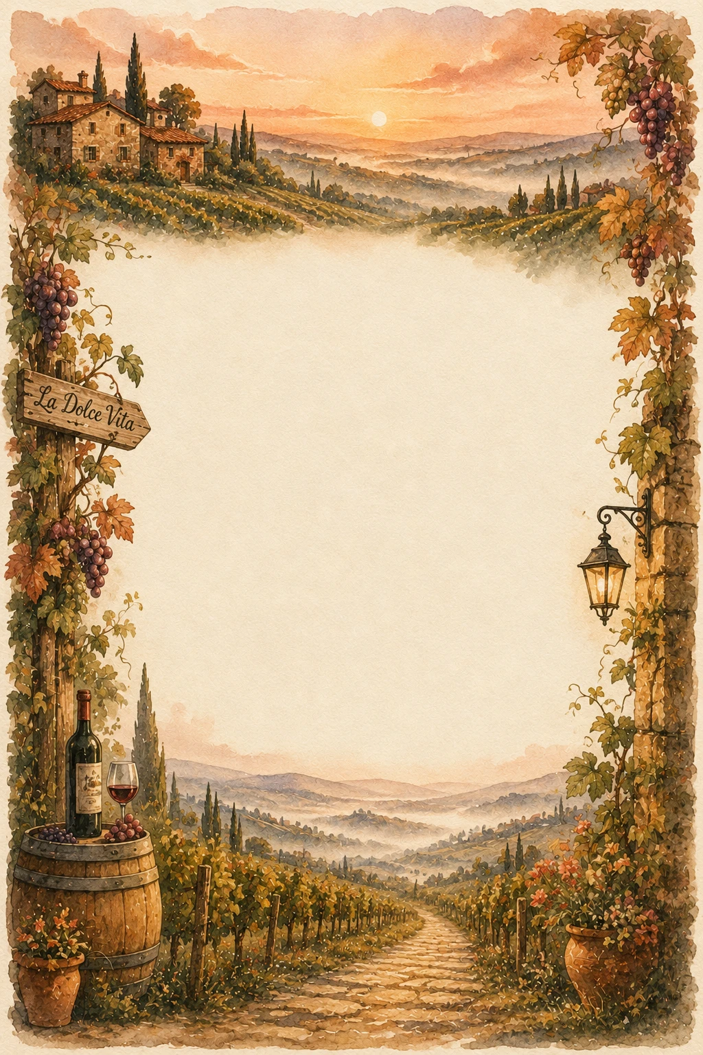Tuscan Vineyard Valley at Sunset Page Border Sheet