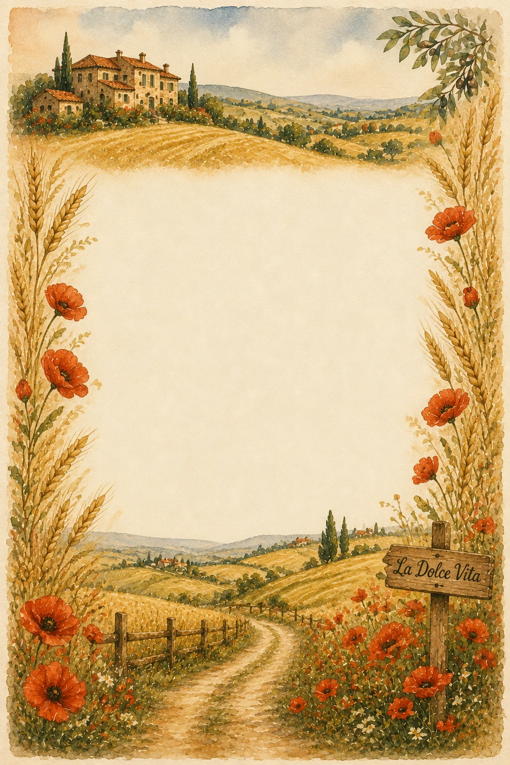 Tuscan Wheat Fields and Poppy Road Page Border Sheet