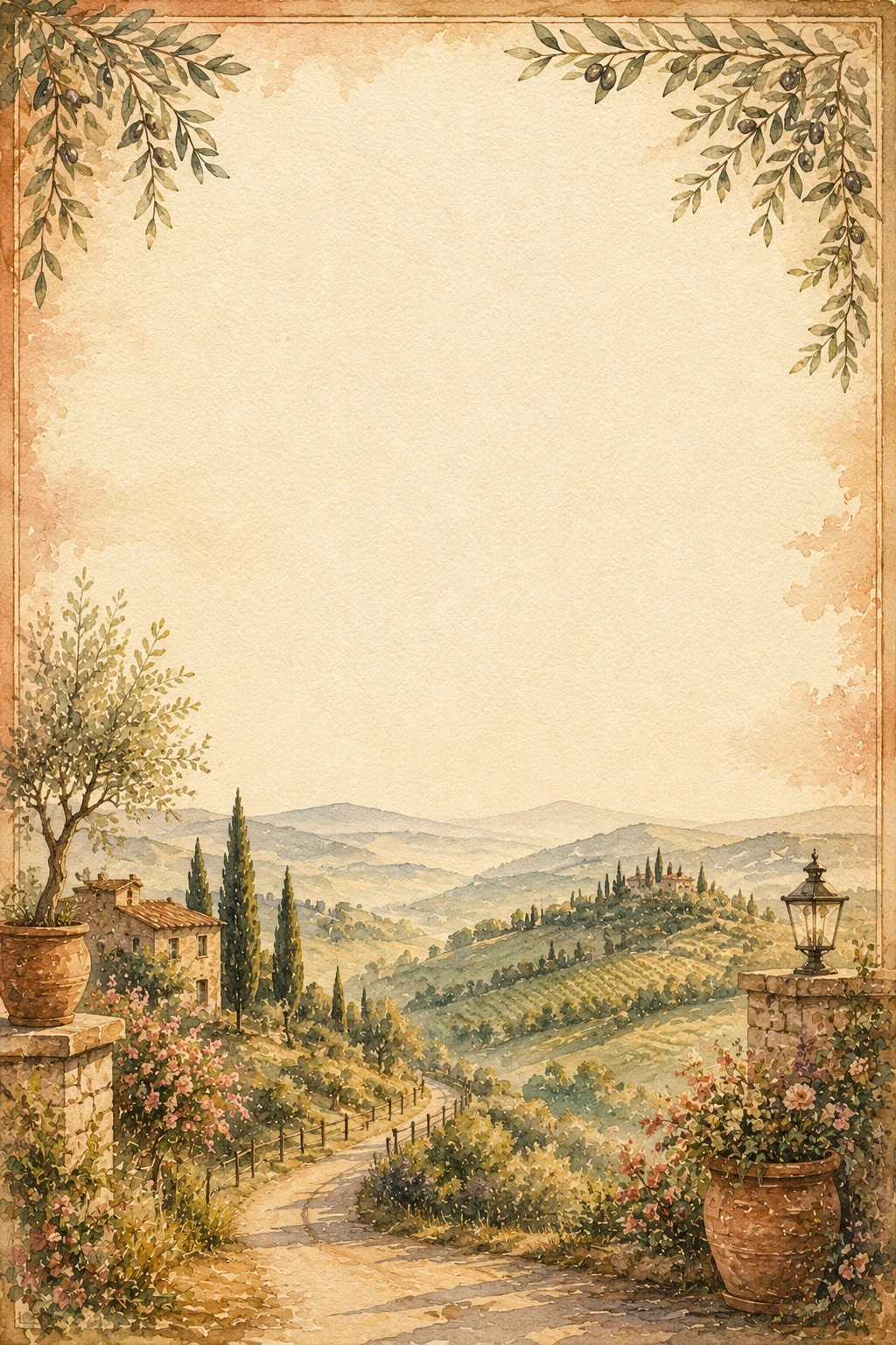 Rolling Tuscan Hills with Olive Trees Page Border Sheet