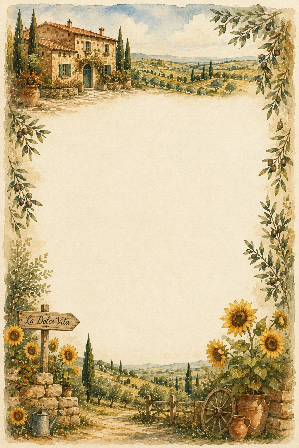 Tuscan Farmhouse and Sunflower Countryside Page Border Sheet