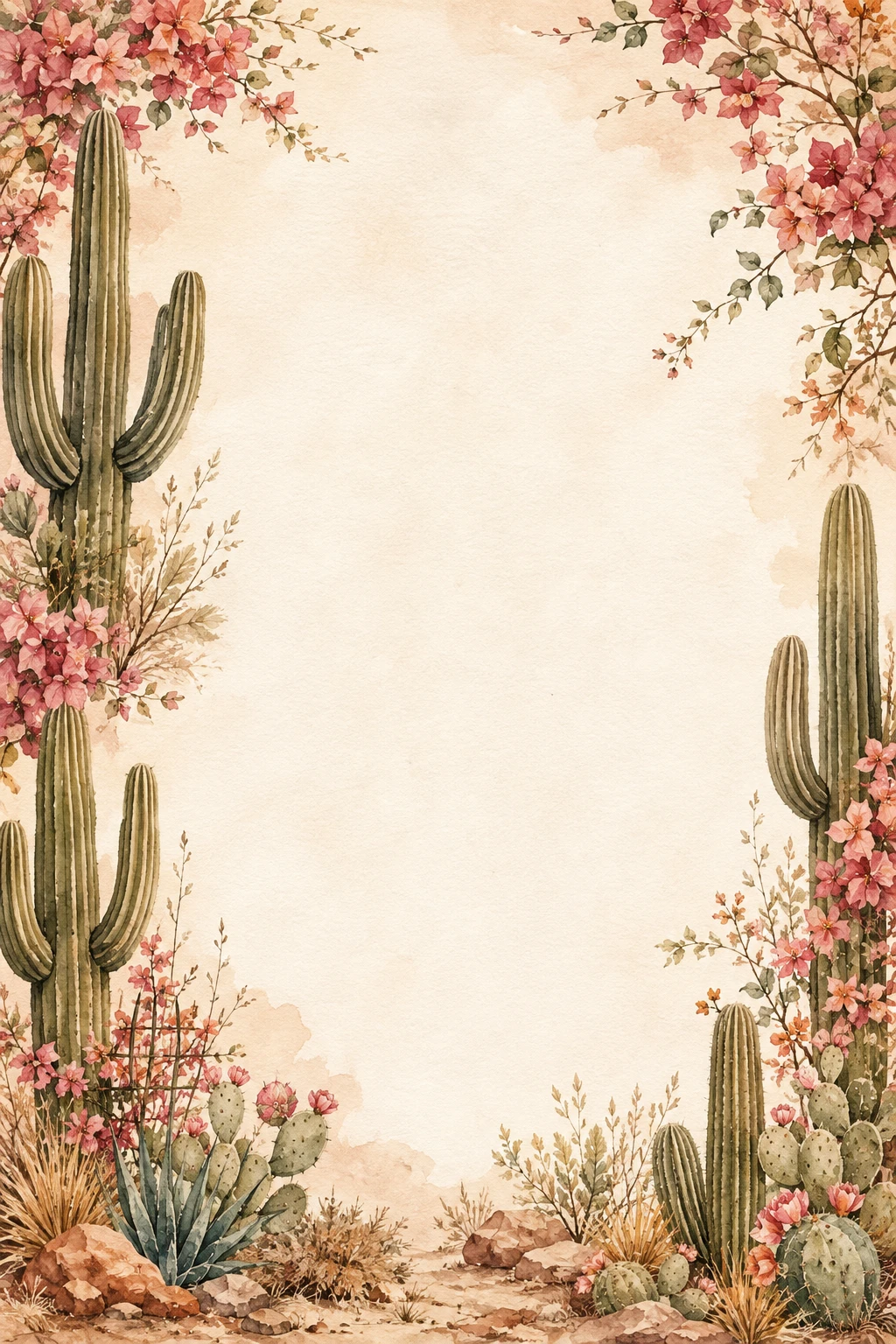 Saguaro-Style Cactus and Bougainvillea Italian Countryside Page Border Sheet