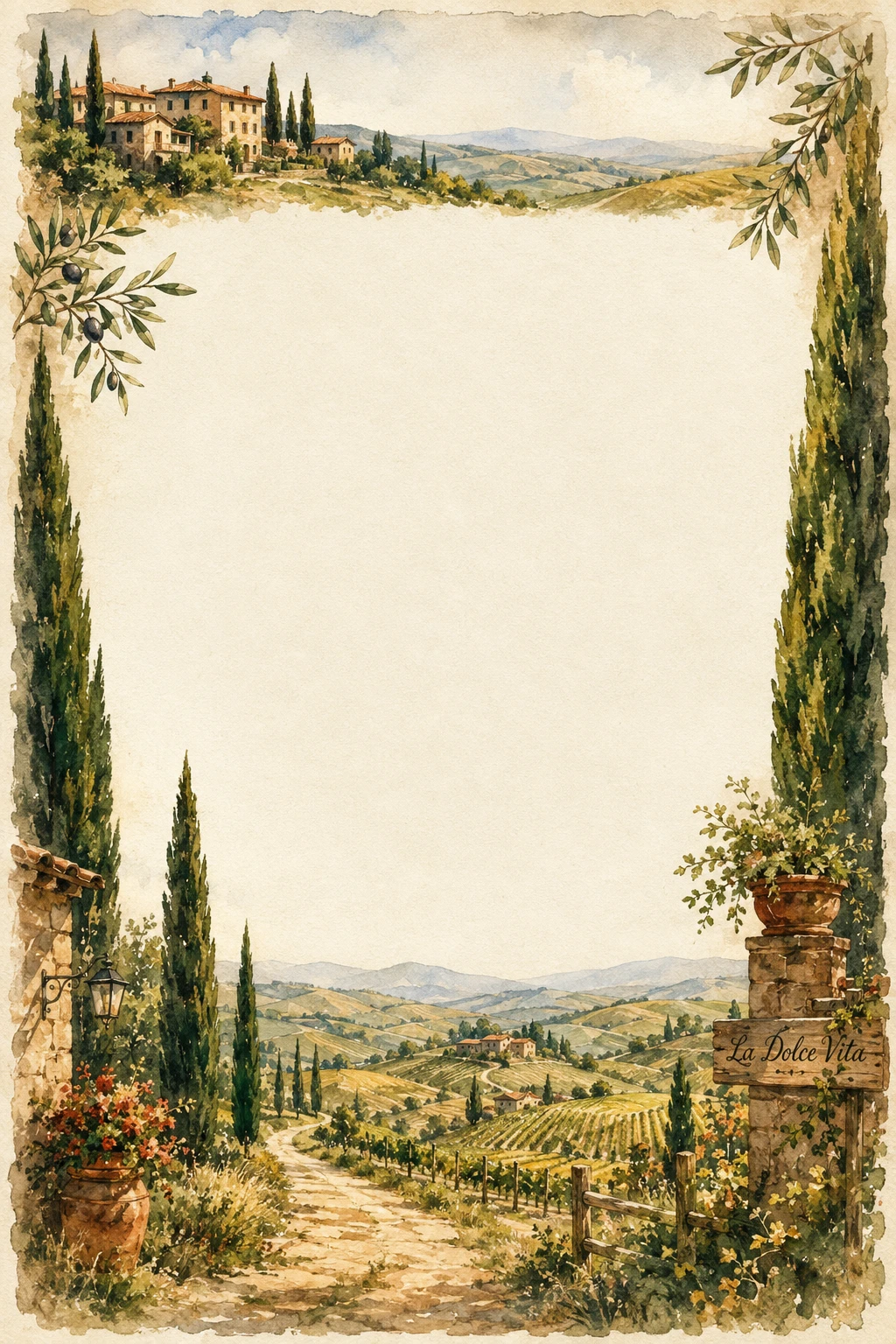 Tuscan Vineyard Road with Cypress Trees Page Border Sheet