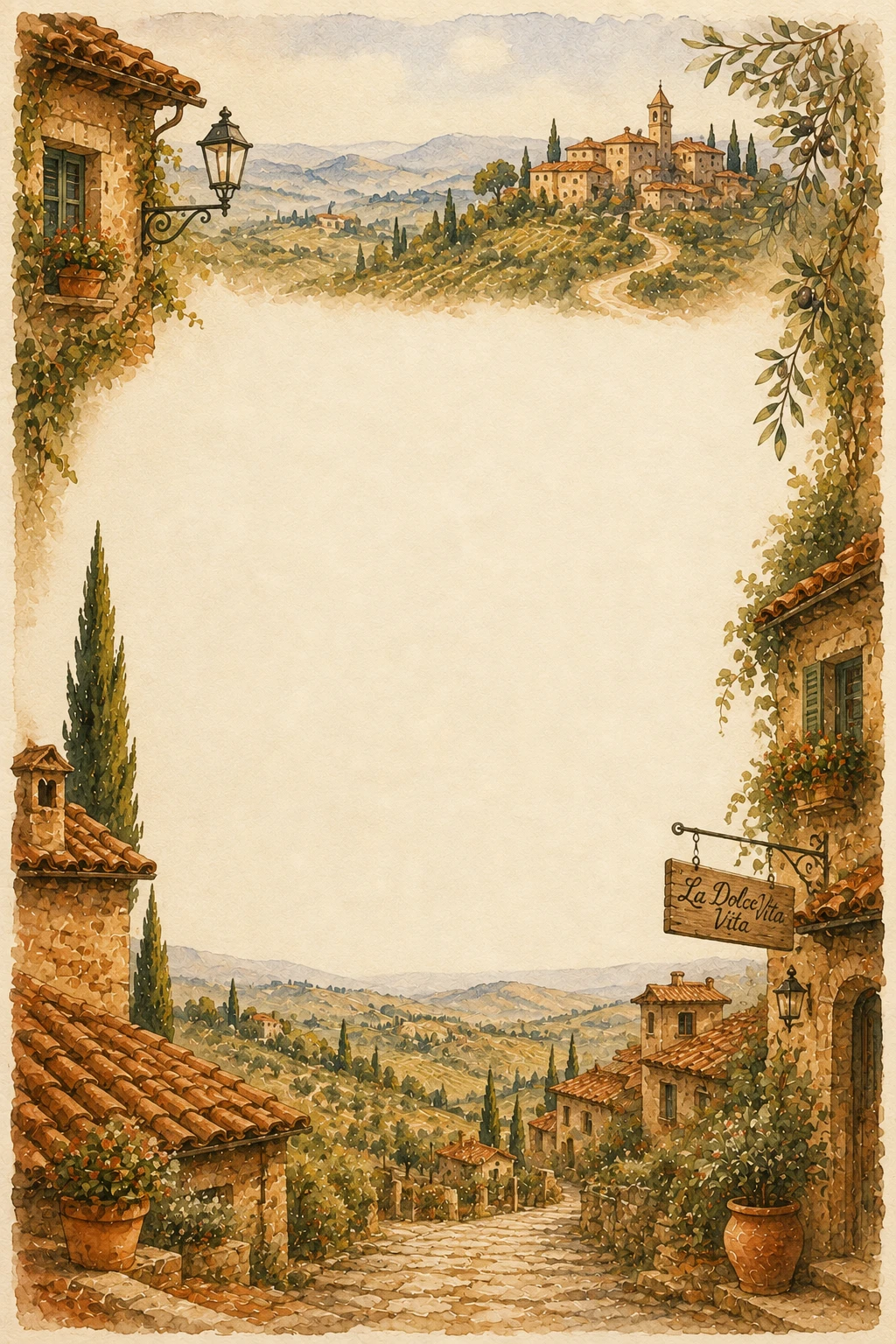 Italian Village Road with Stone Houses Page Border Sheet