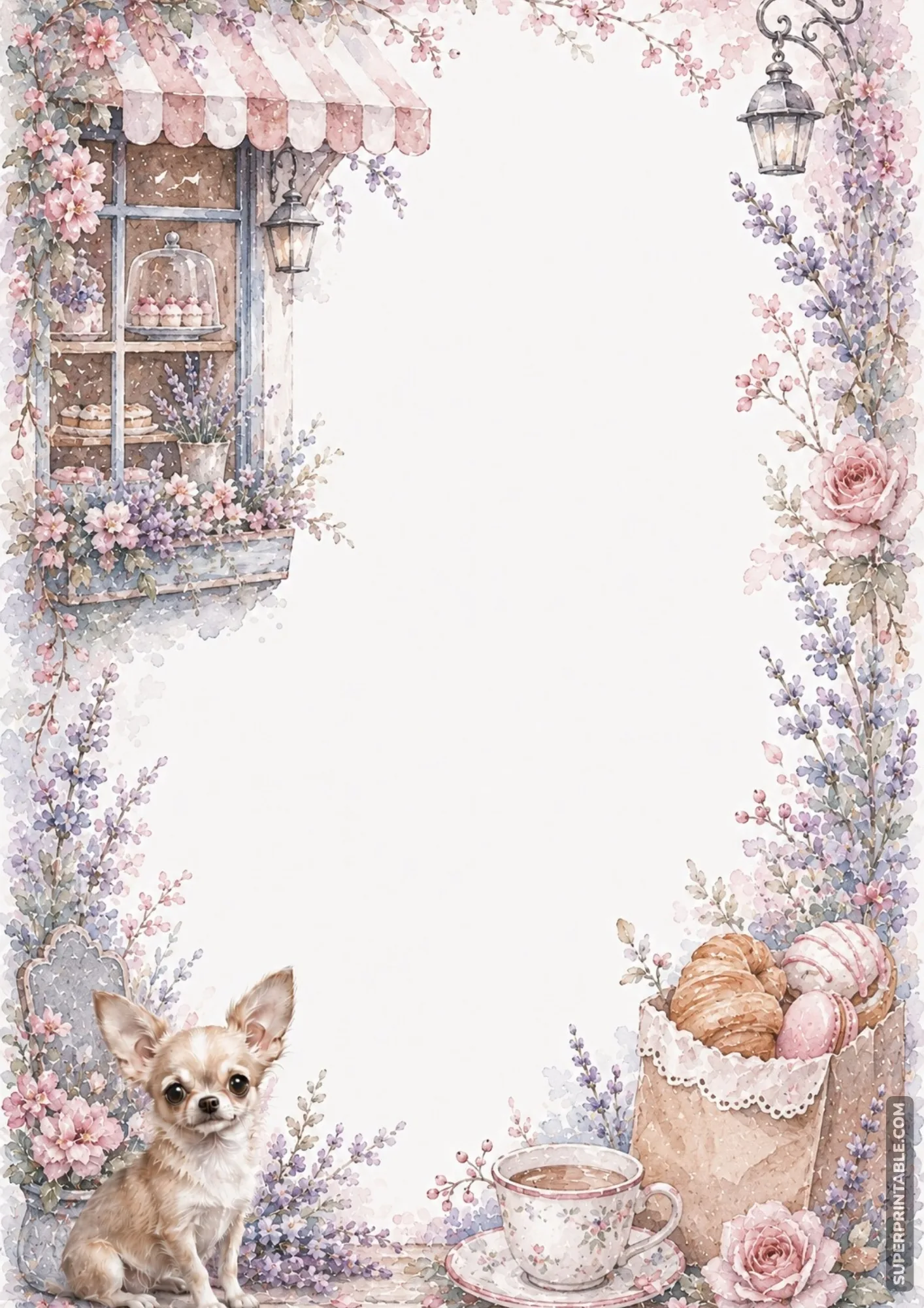 Sweet bakery storefront border with croissants pastries teacup awning and chihuahua