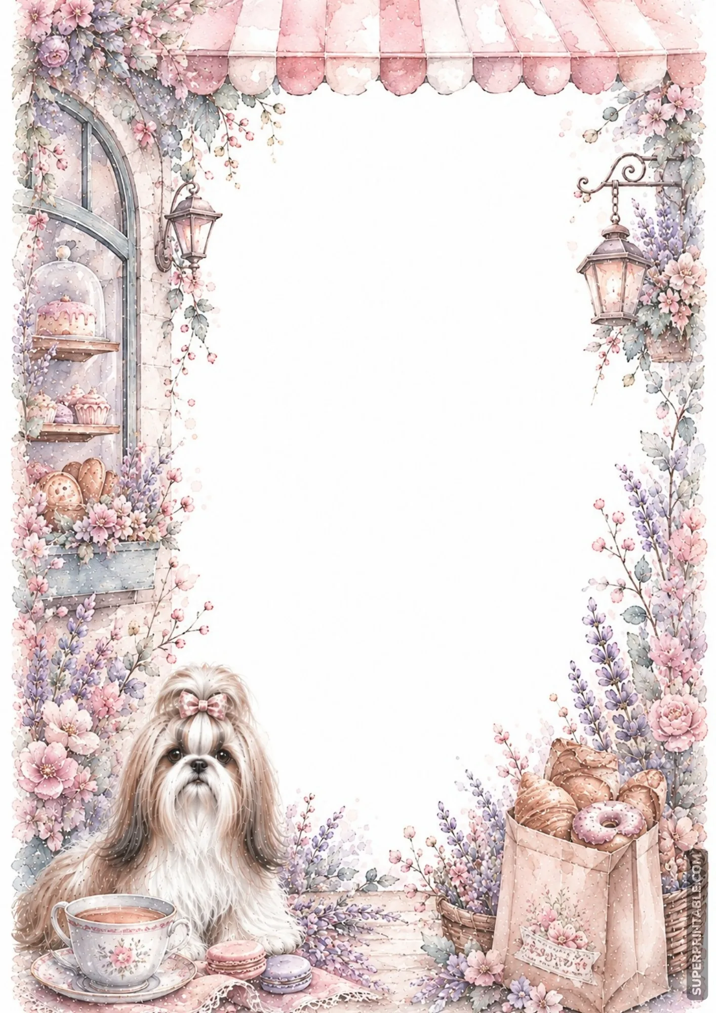 Pastel bakery storefront page border with awning pastries cup of tea and pup