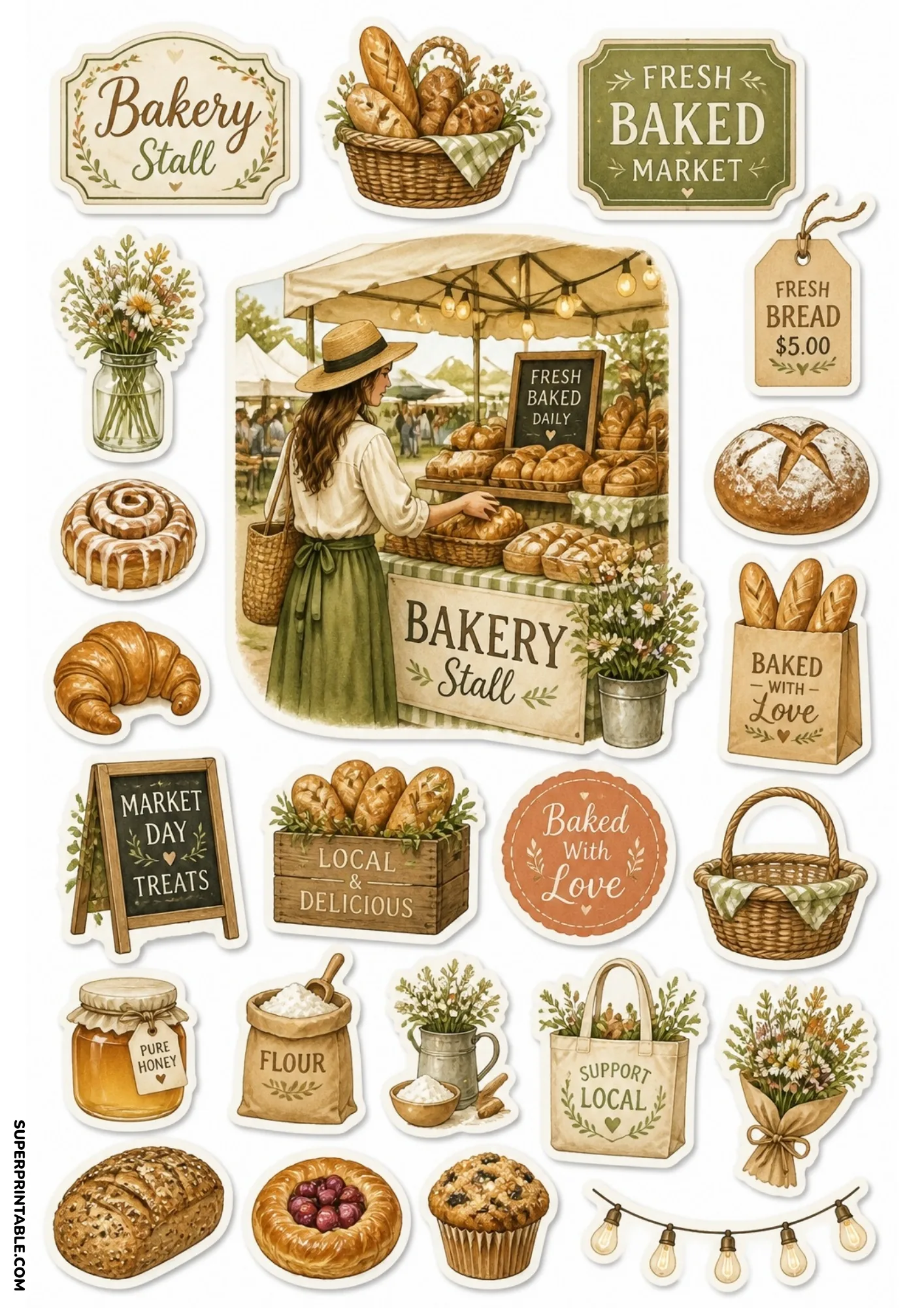 Artisan bakery market stickers featuring a woman selecting freshly baked bread from a stall.