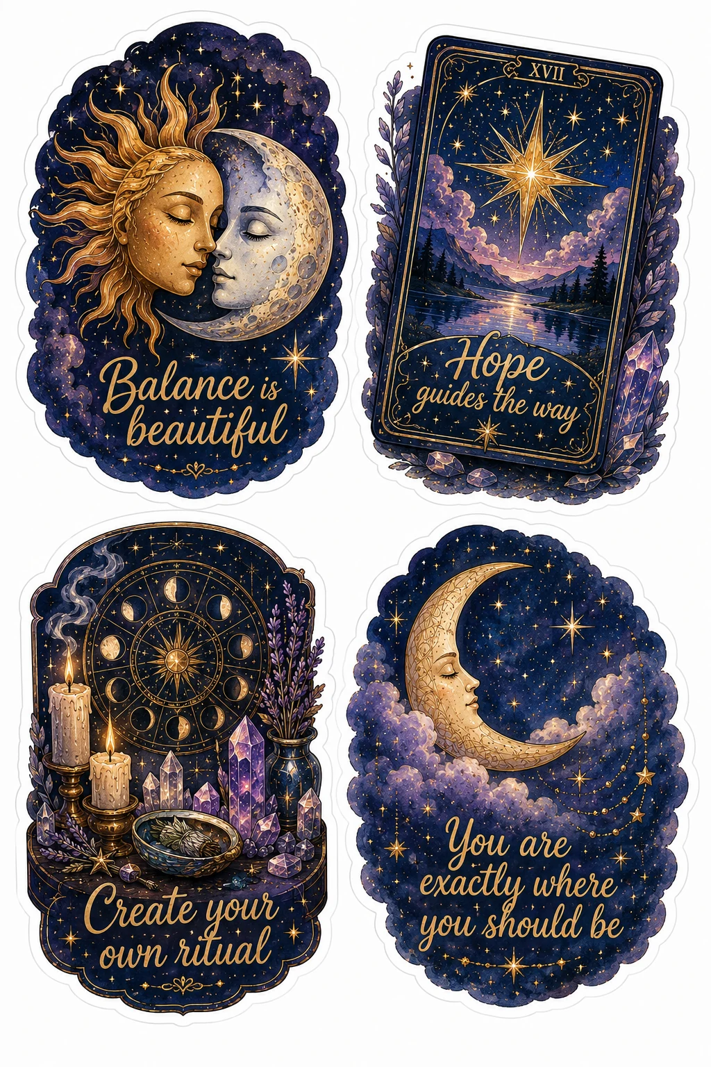 Balance Beautiful Hope Guide Cosmic Ritual Sheet featuring celestial aesthetic, cosmic magic, moon phases, tarot cards, and astrology.