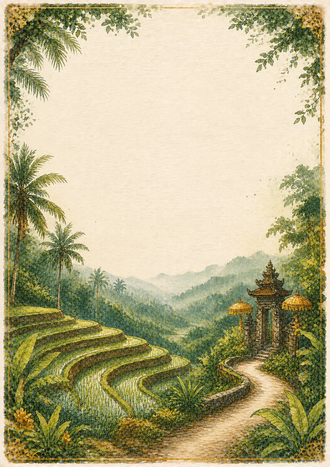 Bali washed border stationery pages featuring terraced rice fields and stone temple gate.