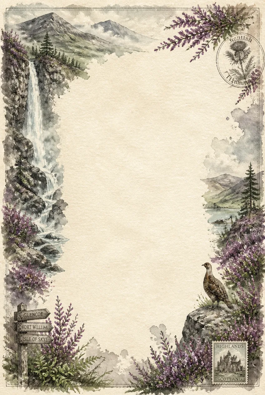 Watercolor stationery layout with Bali waterfall, carved stone statue, and compass.