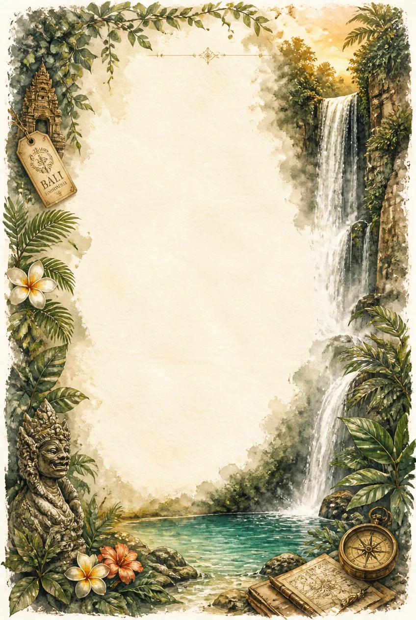 Vibrant Bali tropical watercolor page border with waterfalls and frangipani flowers.