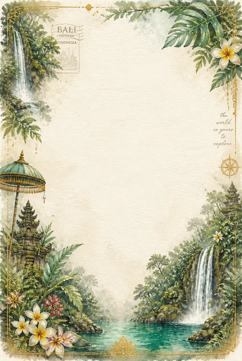 Balinese watercolor border showing a jungle waterfall, temple shrine, and plumeria.