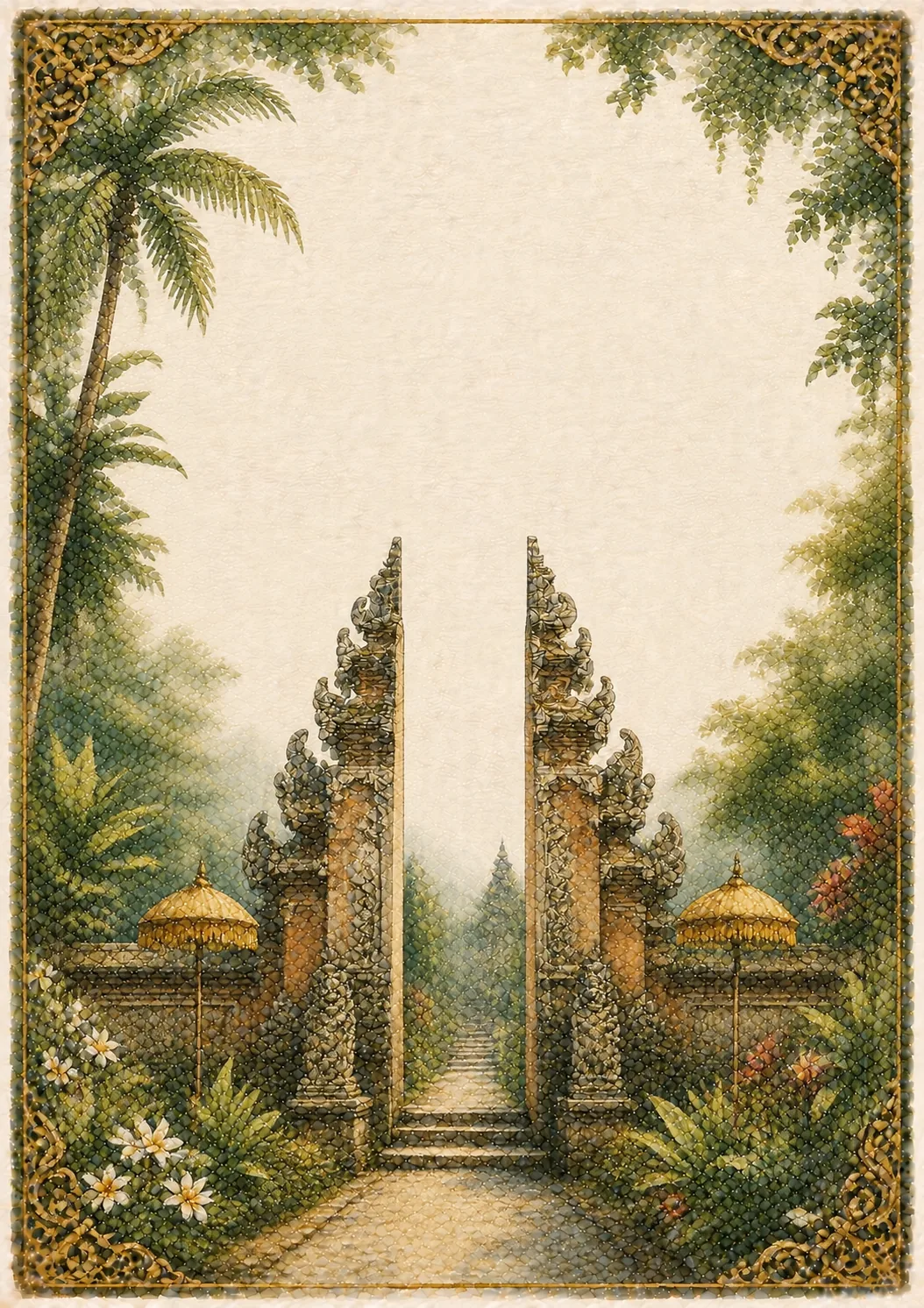 Bali washed border stationery pages with a classic stone split gateway and frangipani blossoms.