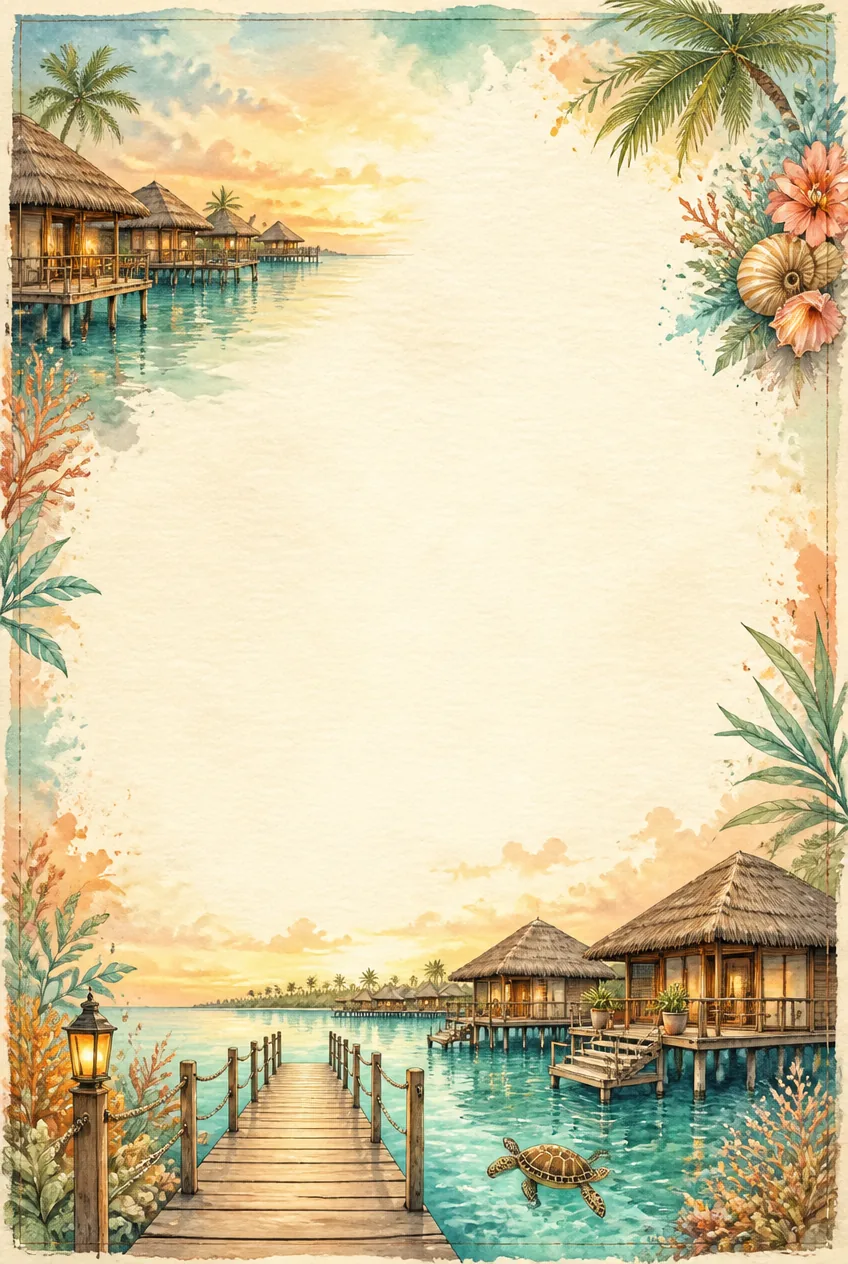 Balinese seaside architecture and tropical greenery watercolor border on unruled paper sheet.