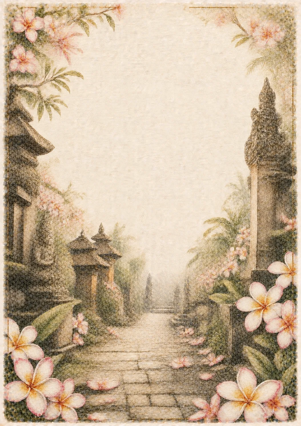 Balinese stone pathway adorned with soft pink frangipani flowers and temple architecture.