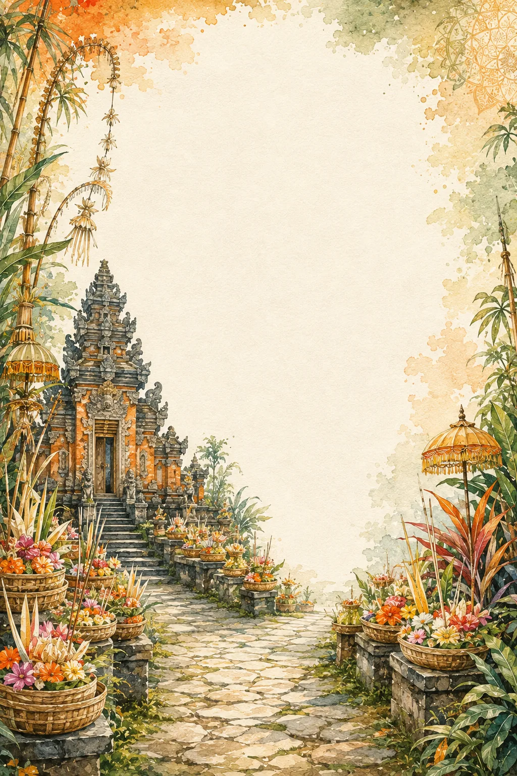 Elaborate Balinese stone temple with vibrant Canang Sari flower offerings along a stone pathway.