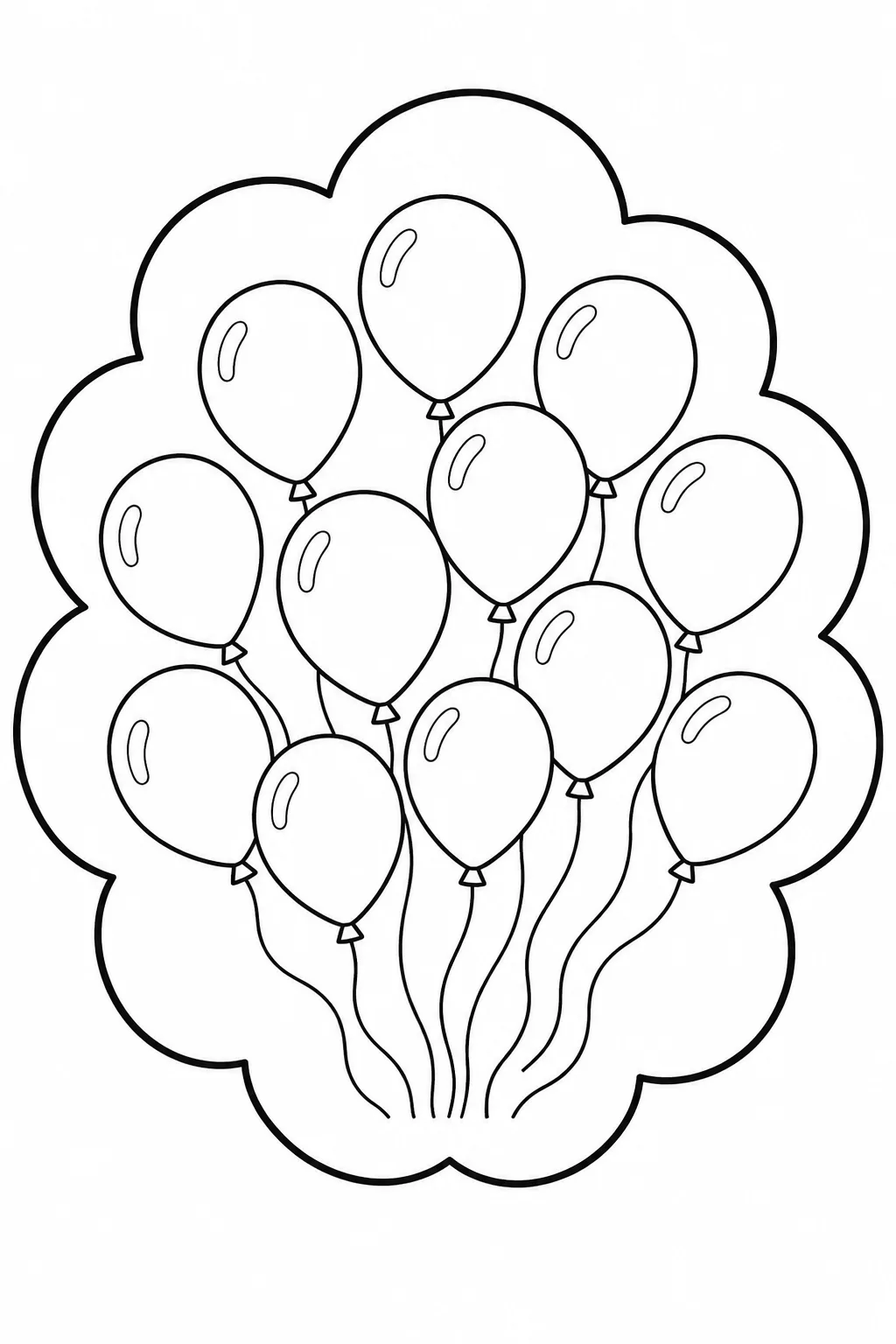 A large festive bunch of tied balloons floating inside a fluffy cloud.