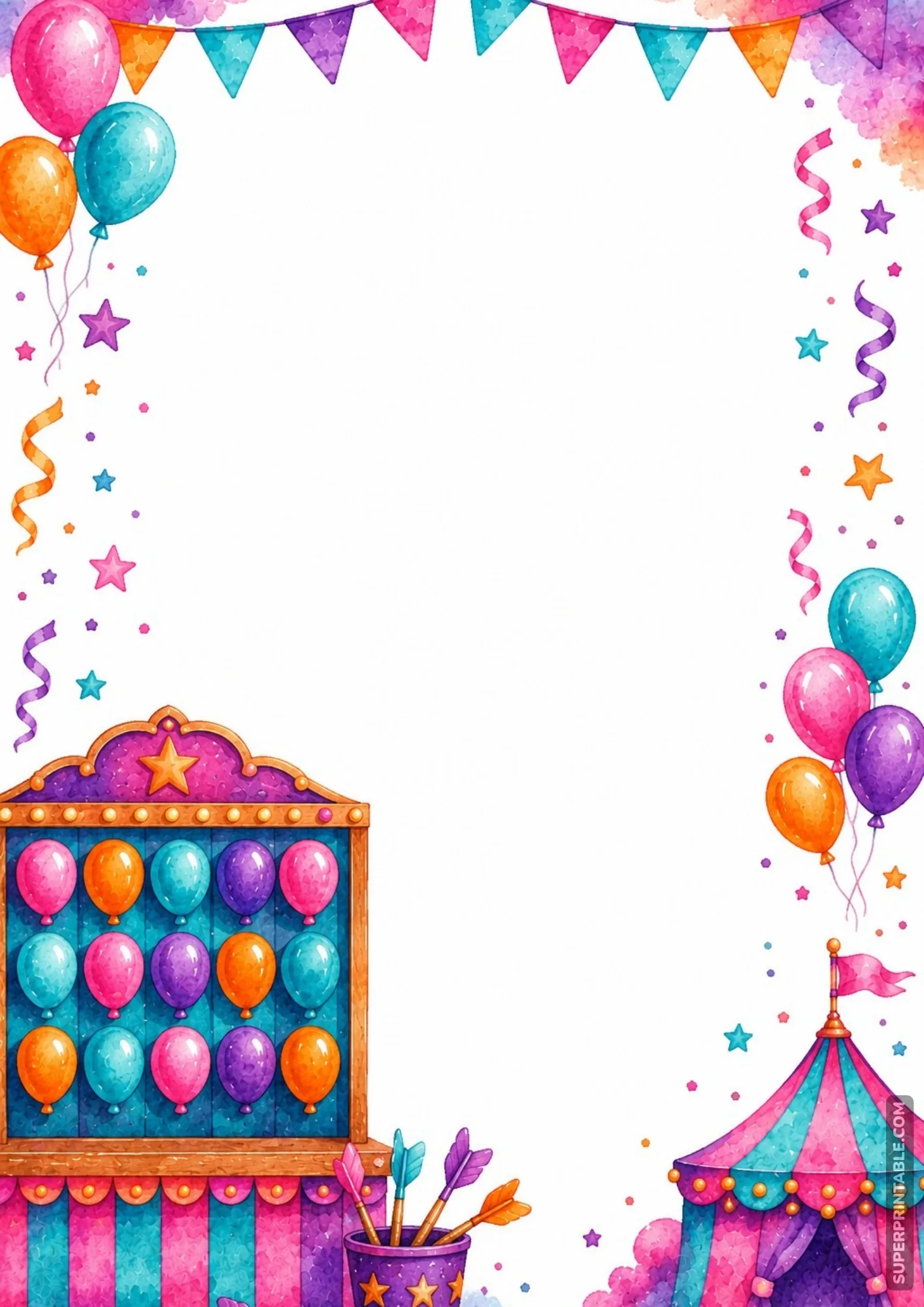 Vibrant border layout showcasing a balloon dart pop carnival stall and floating balloons.