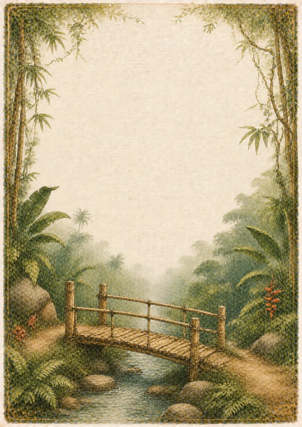 Rustic bamboo footbridge over a jungle stream framed by lush tropical greenery and ferns.