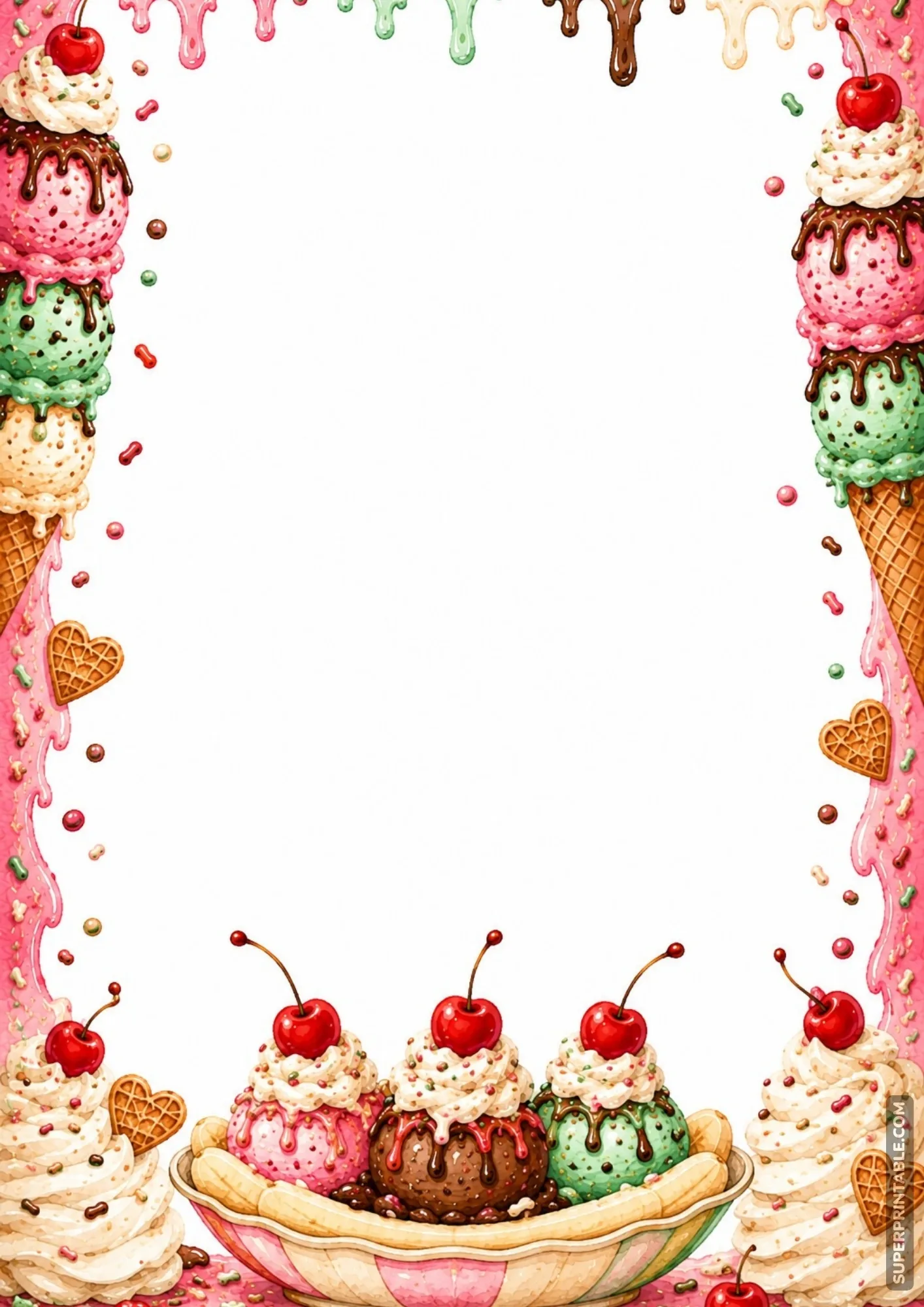 Detailed banana split sundae with cherries and whipped cream framing a blank page.