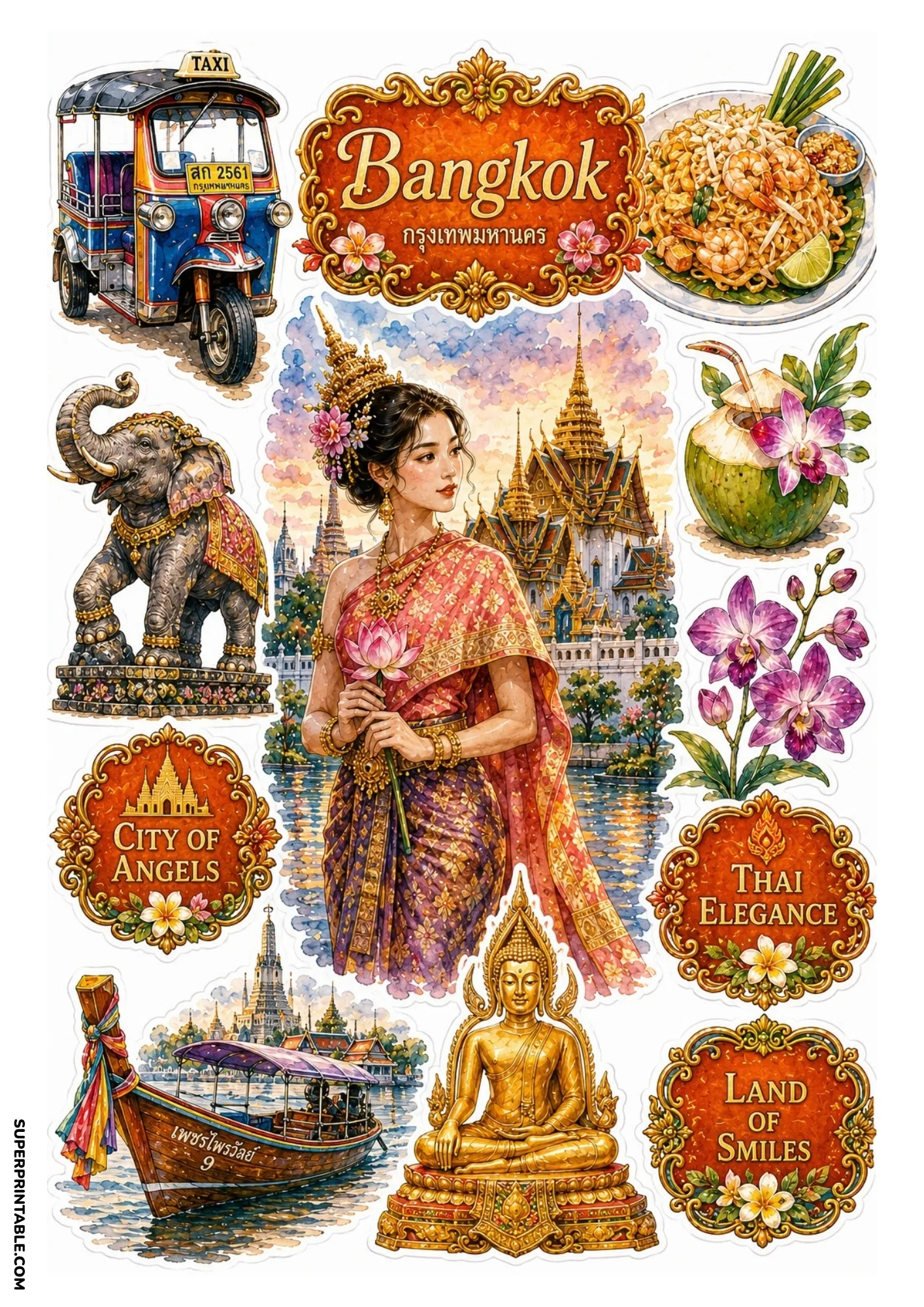 Bangkok travel sticker sheet displaying tuk-tuk, Grand Palace, and floating market