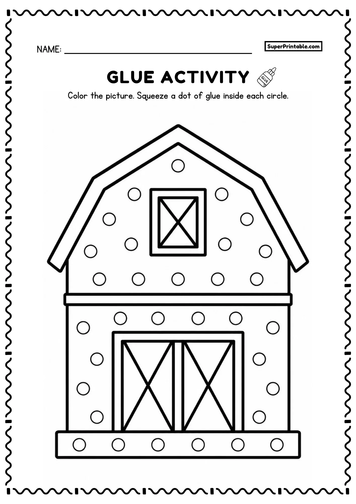 Printable barn dot glue farm worksheet with classic farm building and dot circles for kids