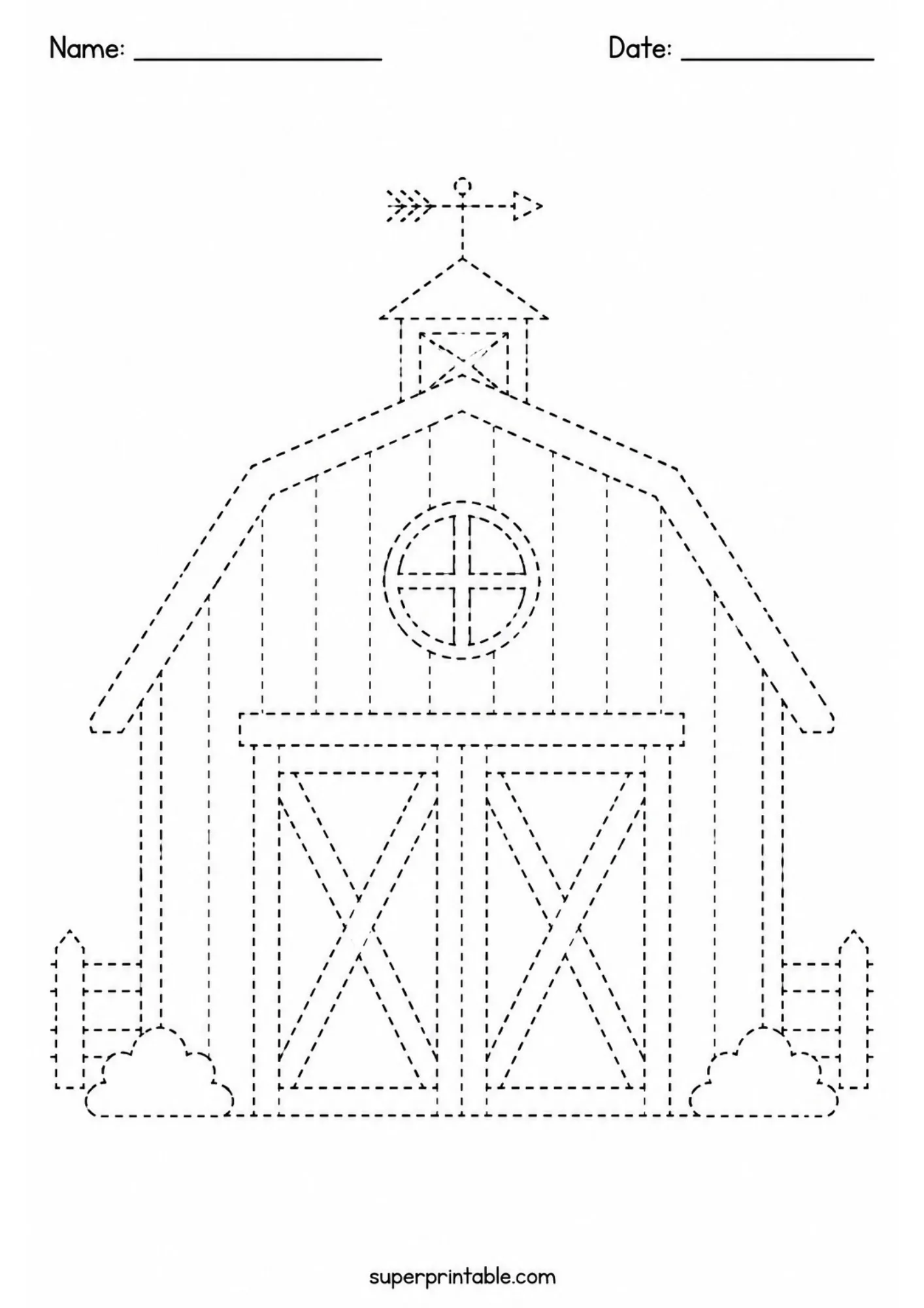 Dashed line tracing worksheet of a traditional farm barn with double doors and a weather vane.