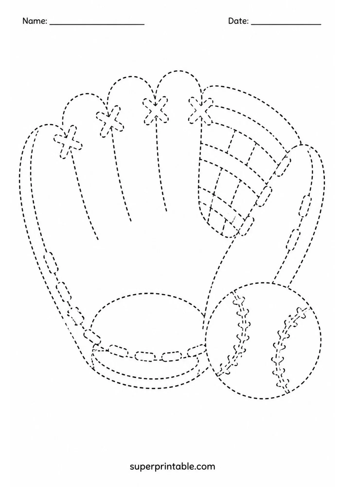 Baseball glove and ball line tracing sheet for preschool fine motor exercise.