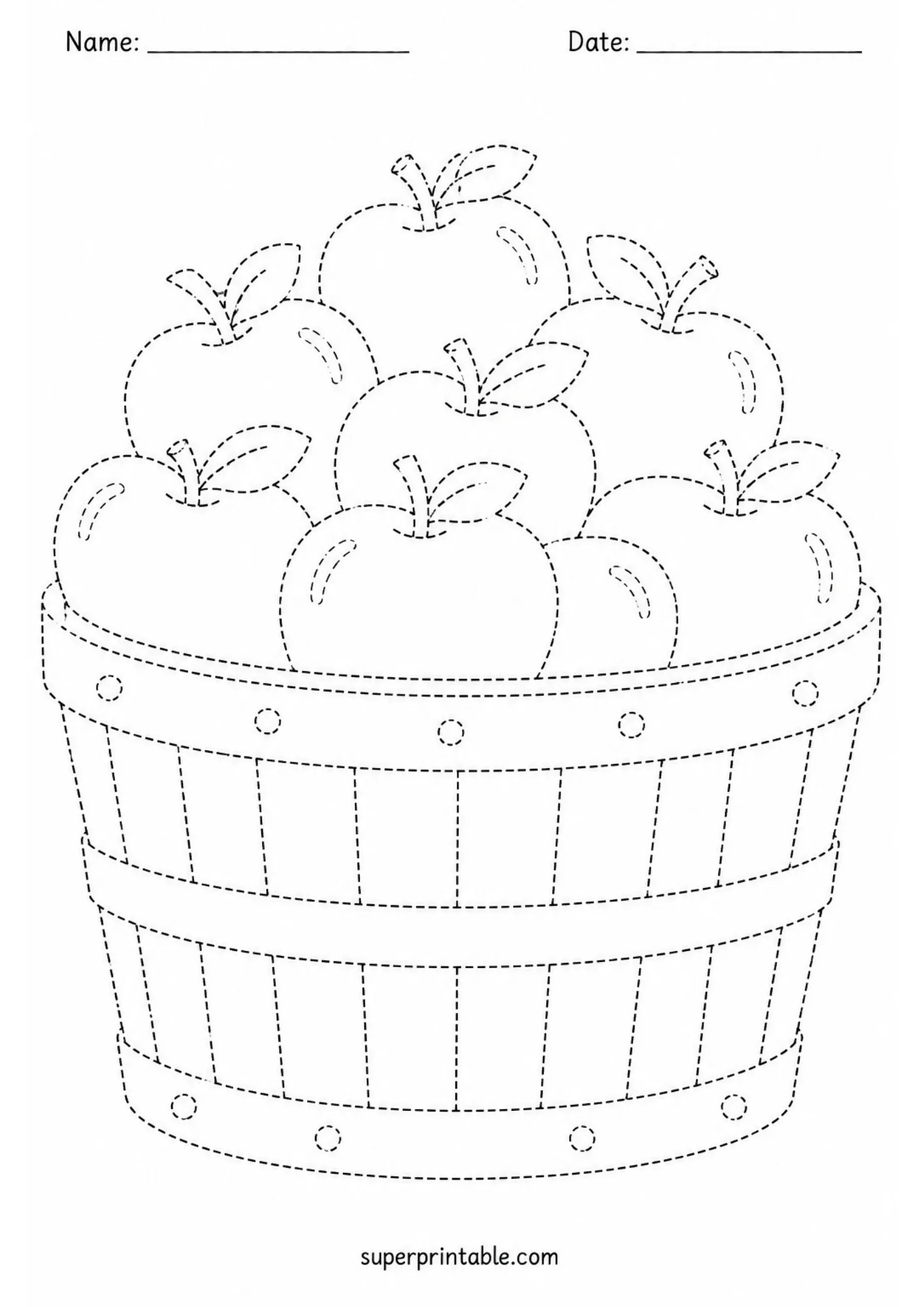 Bushel basket overflowing with apples printable line tracing worksheet for kids.