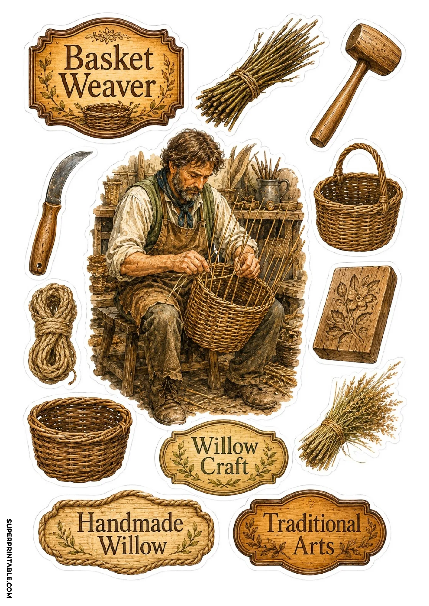 Artisanal basket weaver working with willow branches on a vintage garden and nature sticker sheet.